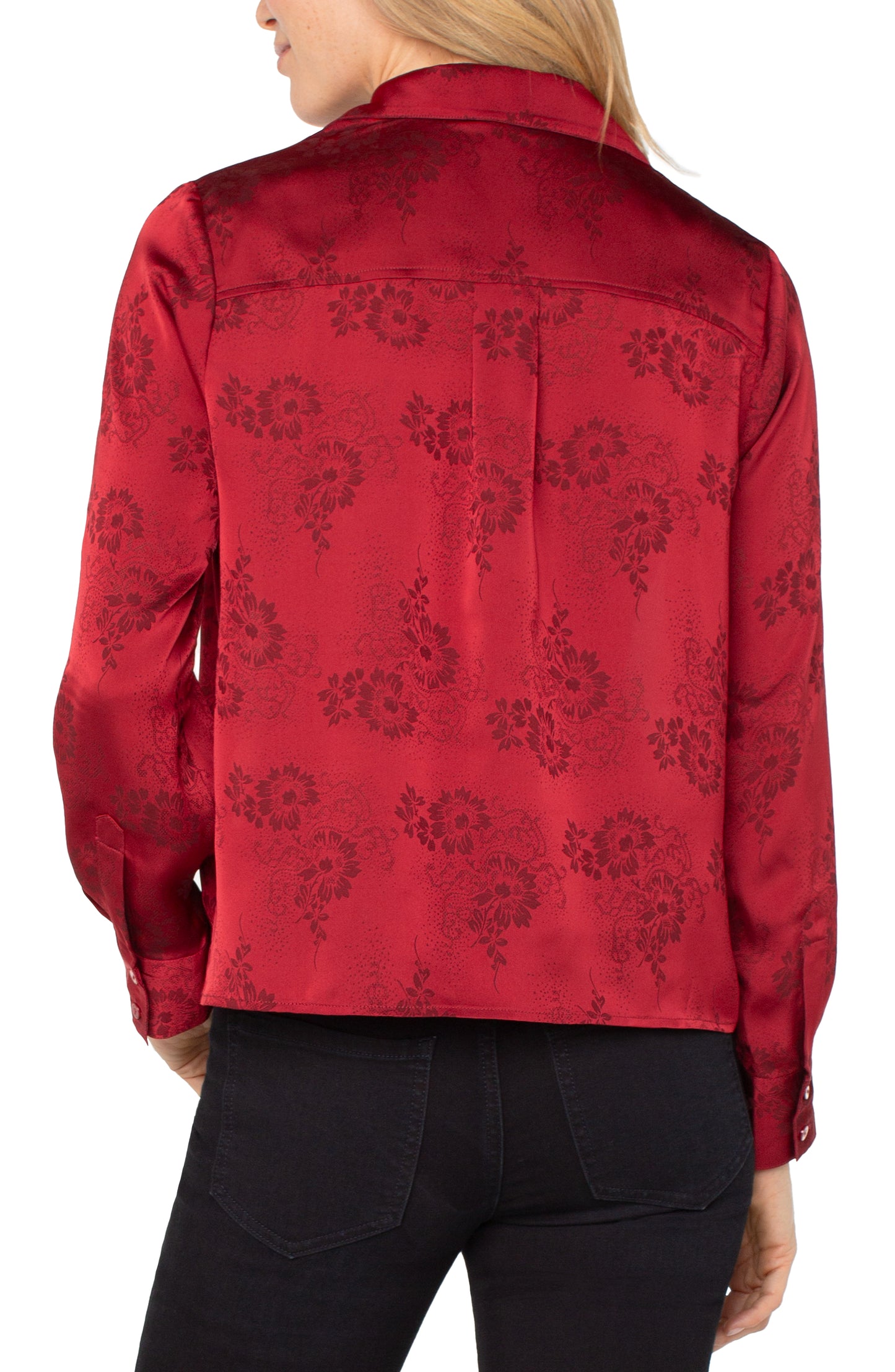 Liverpool Long Sleeve Woven Top with Hidden Placket (Dark Red Floral)