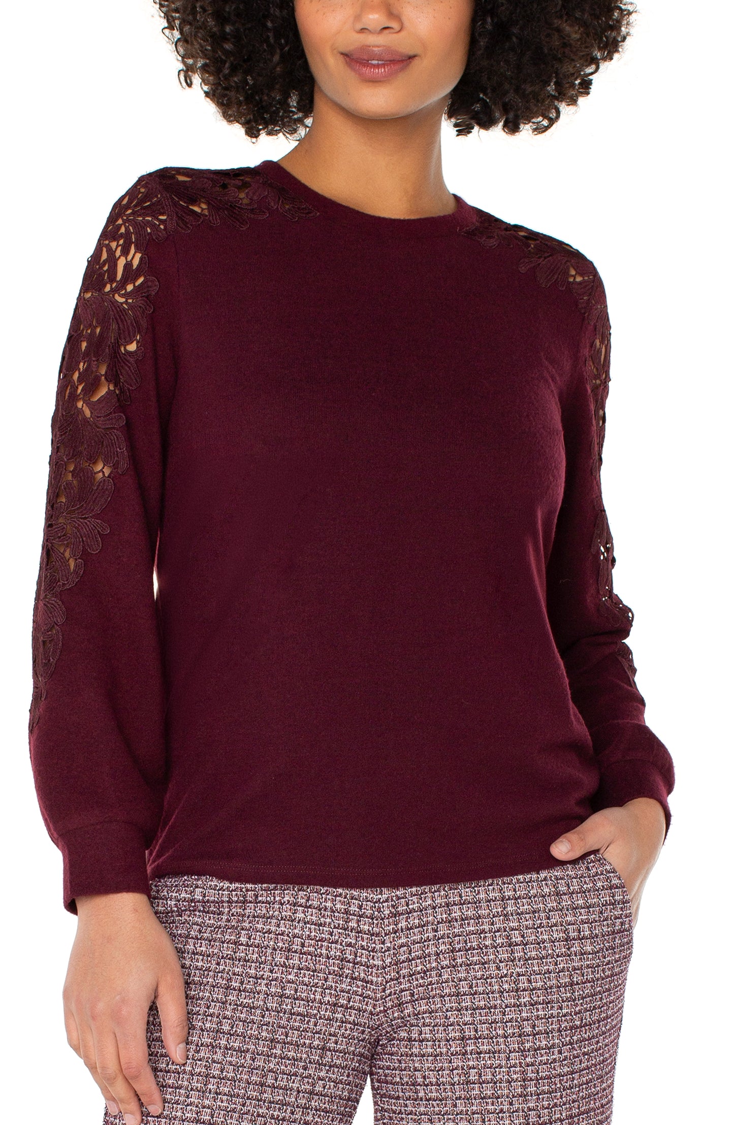 Liverpool Long Sleeve Crew Neck Lace Inset Knit Top (Burgundy)