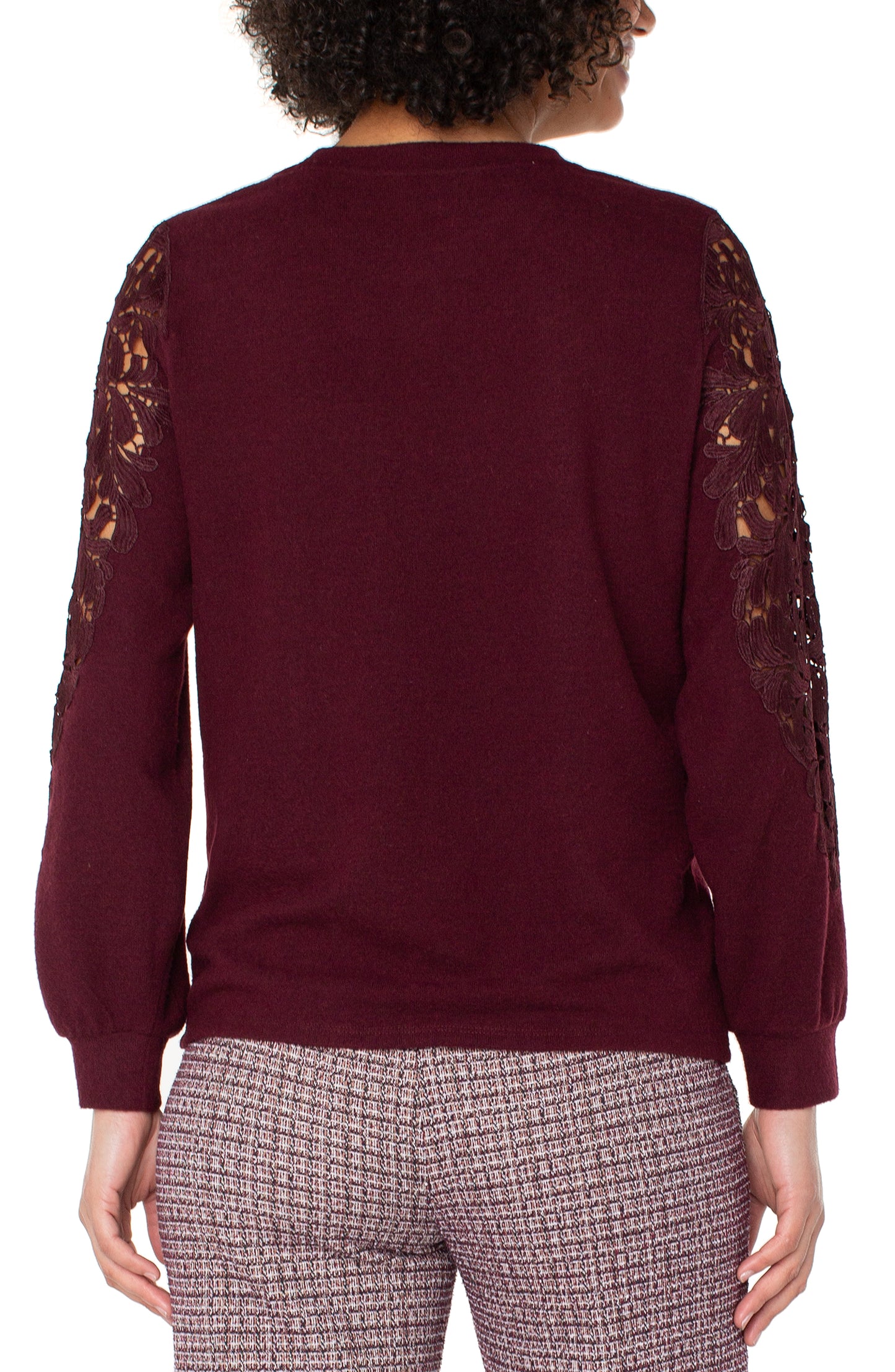 Liverpool Long Sleeve Crew Neck Lace Inset Knit Top (Burgundy)