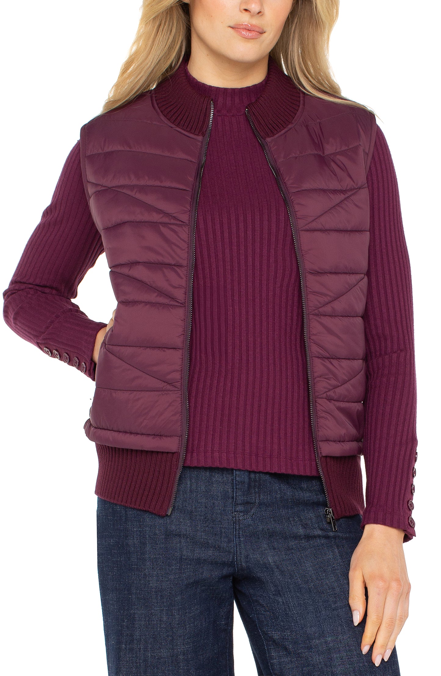 Liverpool Sleeveless Quilted Front Full Zip Sweater Vest (Wine Berry)