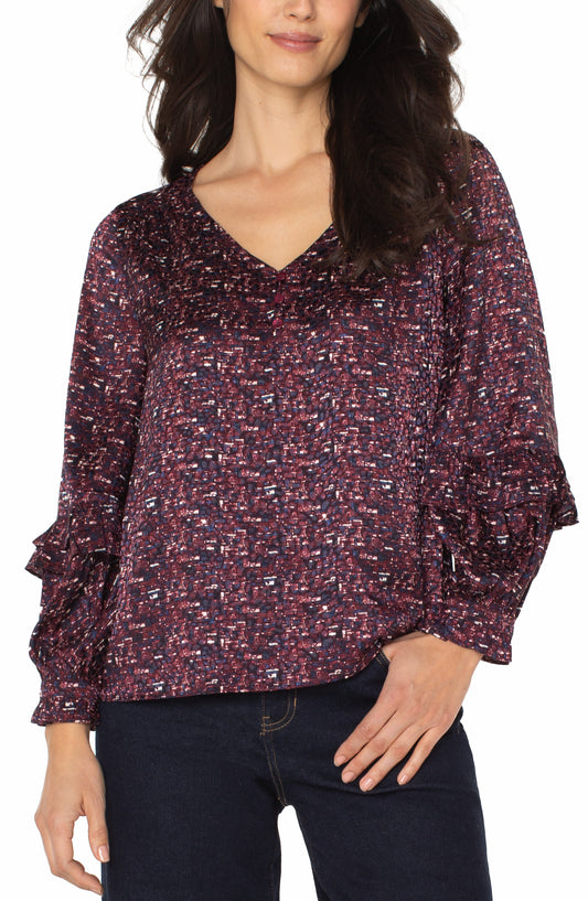 Liverpool Long Sleeve Woven Blouse with Ruffles (Burgundy Multi)