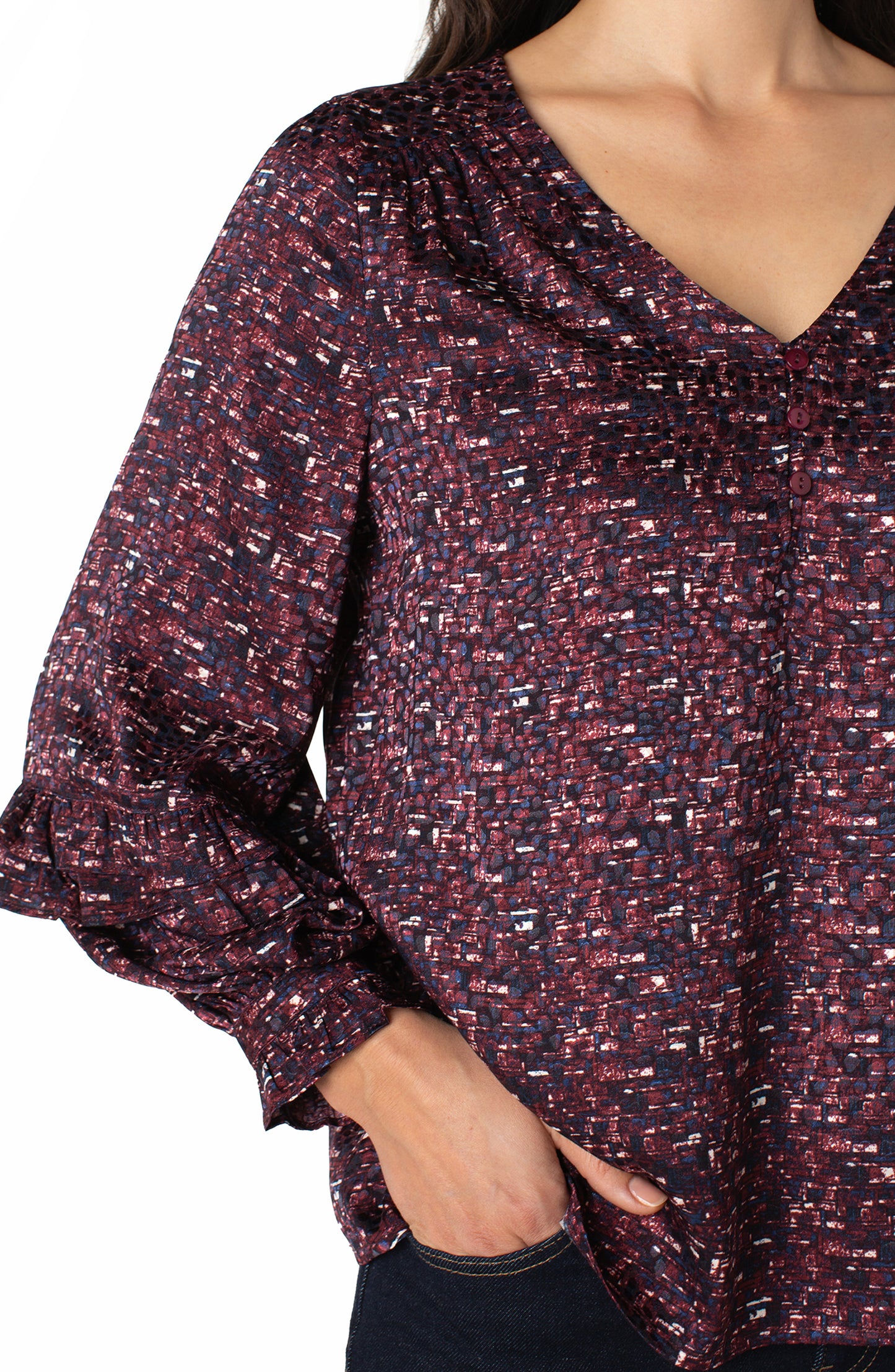 Liverpool Long Sleeve Woven Blouse with Ruffles (Burgundy Multi)