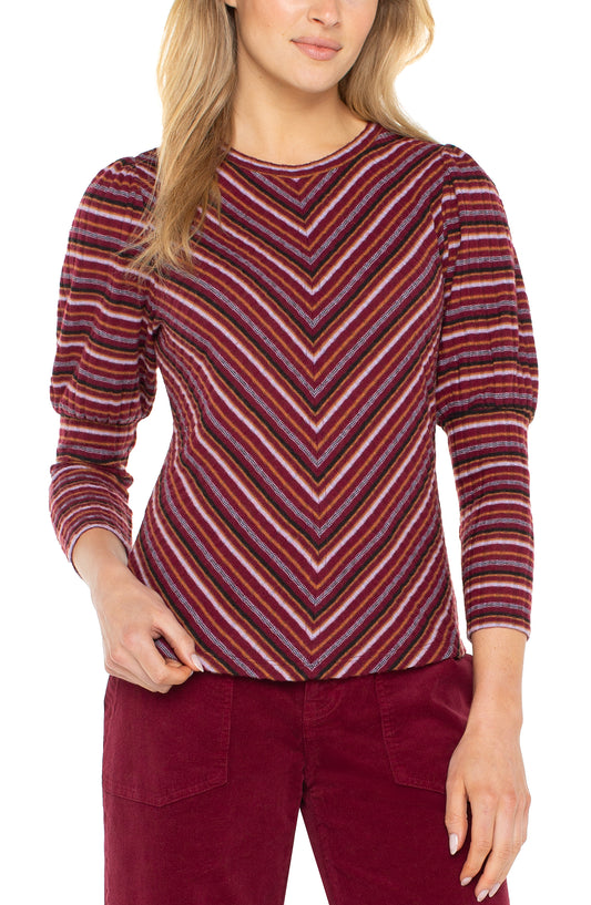 Liverpool 3/4 Juliette Sleeve Crew Neck Top with Miter (Burgundy Multi Stripe)