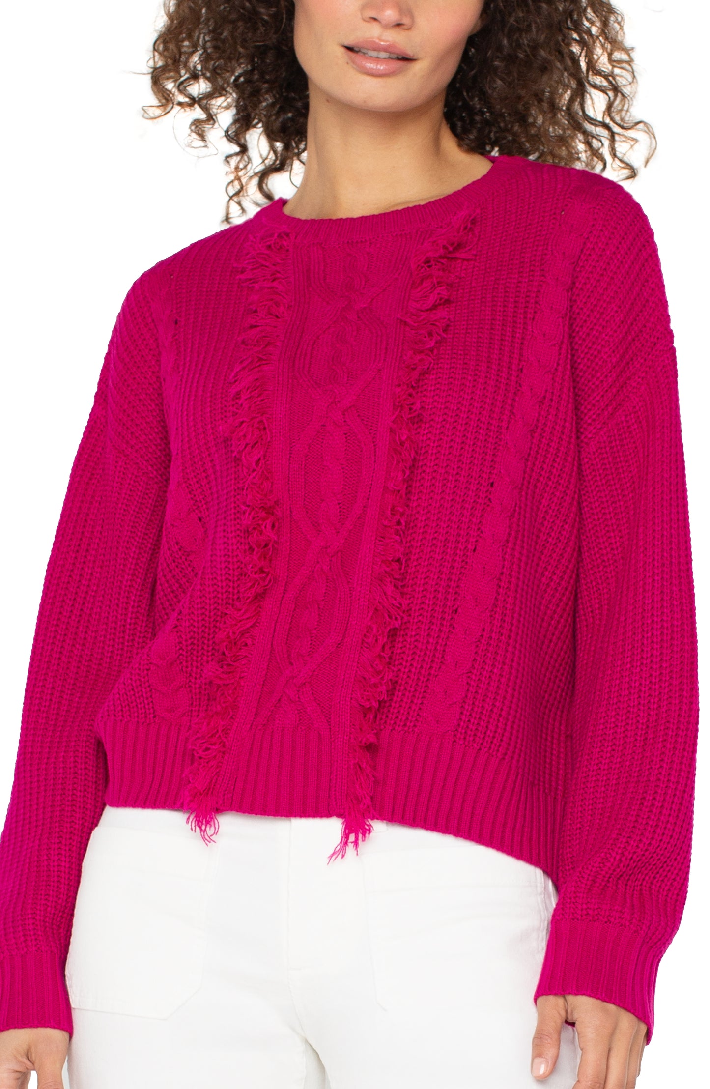 Liverpool Long Sleeve Mock Neck Sweater with Fringe (Deep Raspberry Pink)