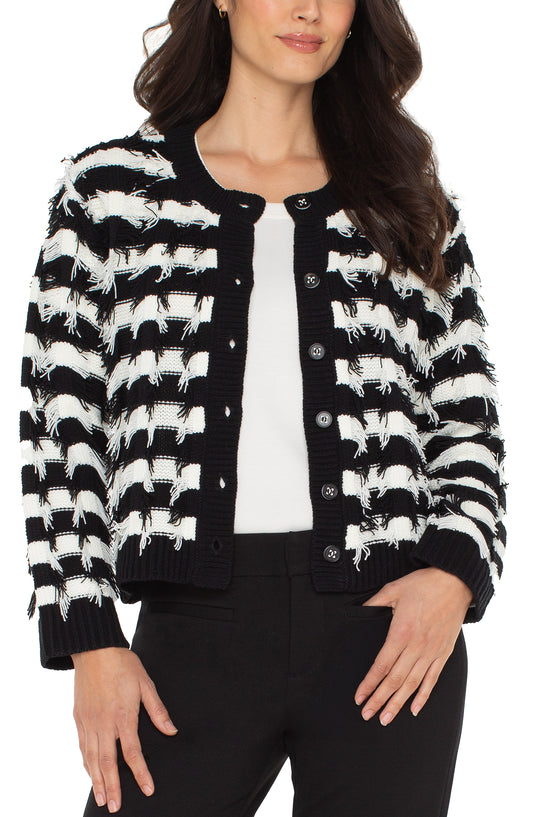 Liverpool Long Sleeve Cardigan Sweater (Black White Fringe Stripe)