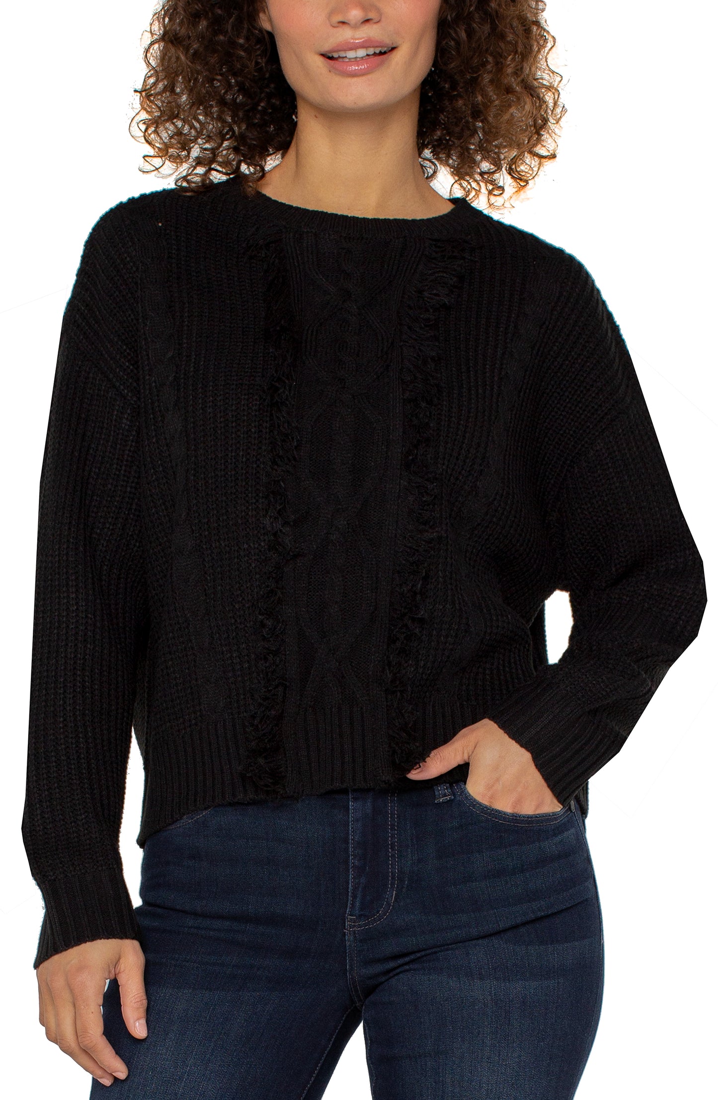Liverpool Long Sleeve Mock Neck Sweater with Fringe (Black)