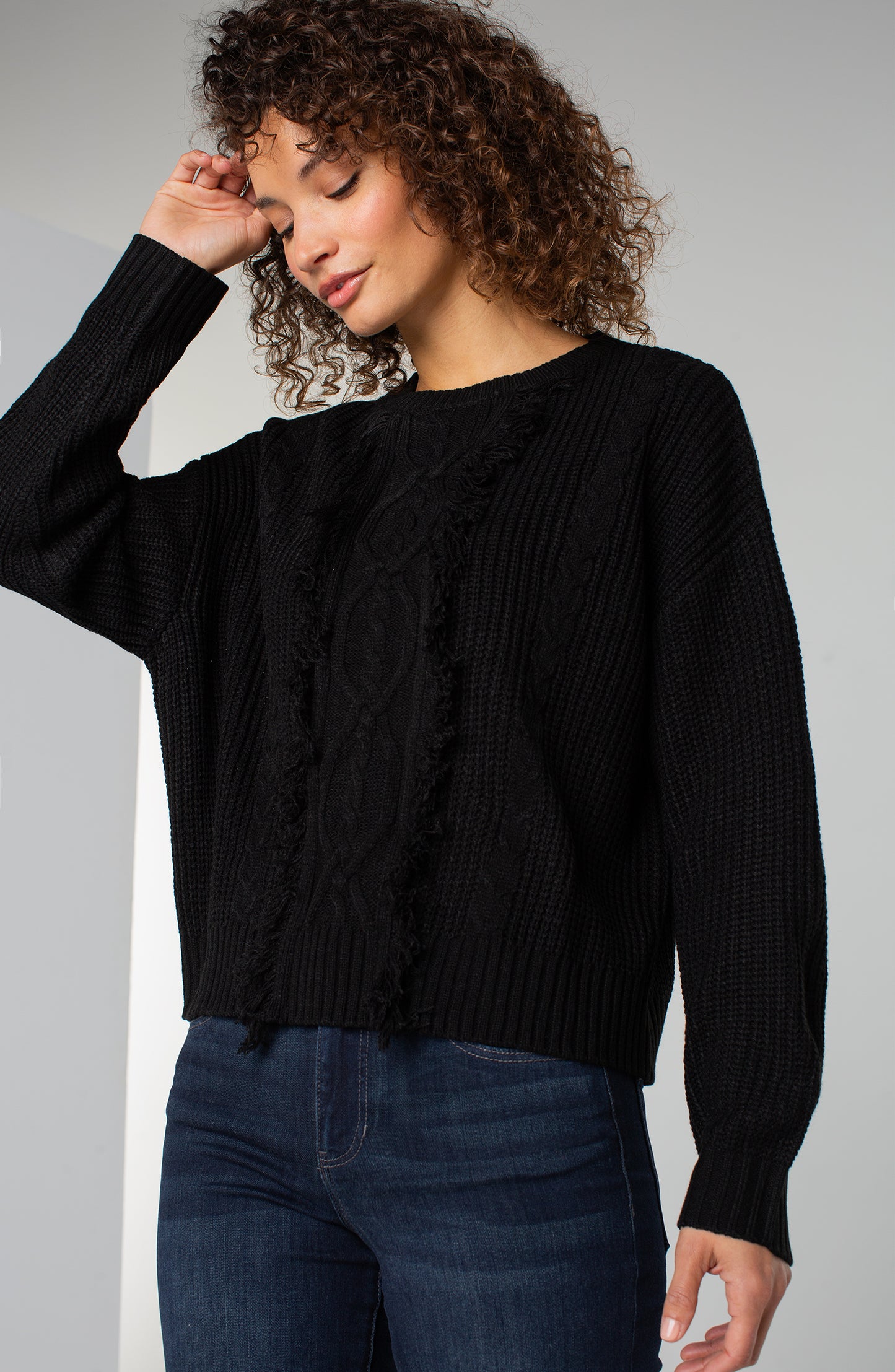 Liverpool Long Sleeve Mock Neck Sweater with Fringe (Black)