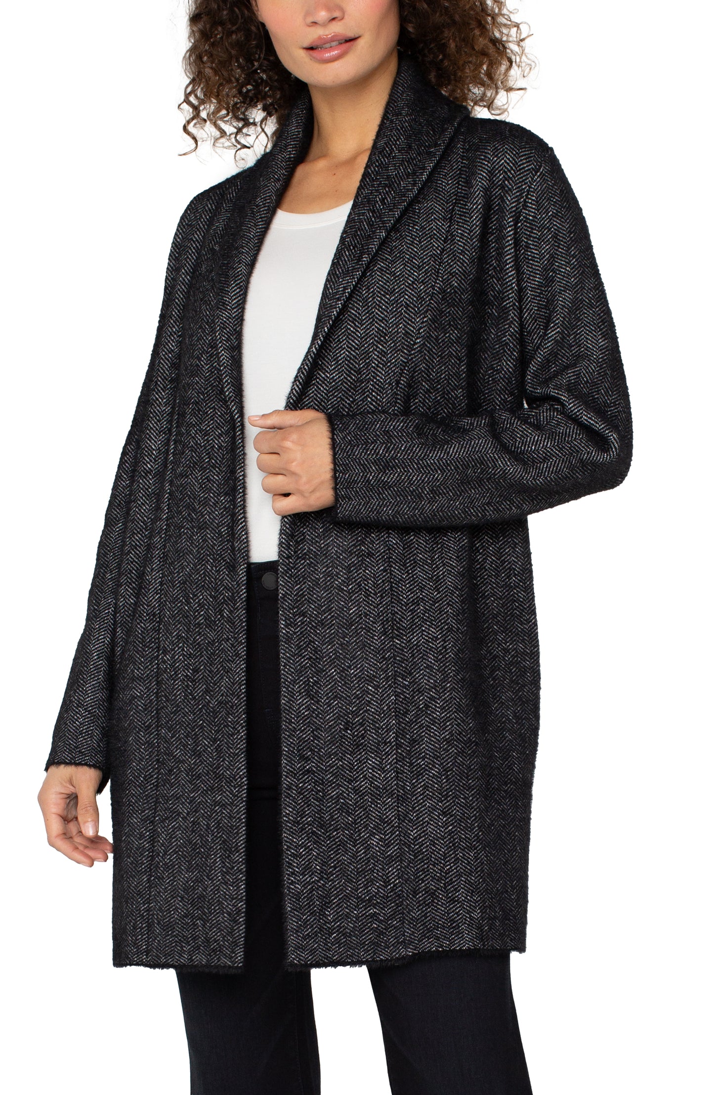 Liverpool Long Sleeve Open Knit Shawl Sweater Coat (Charcoal Chevron)