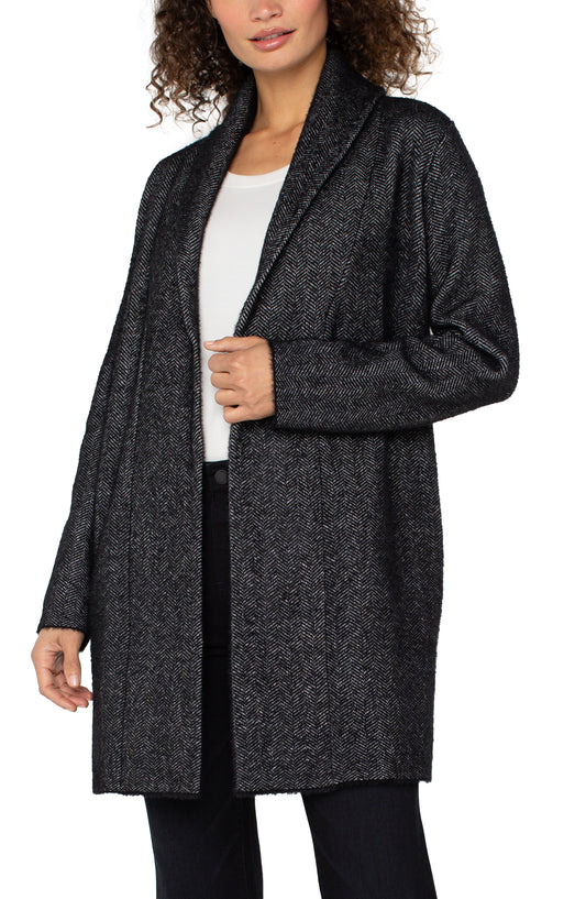 Liverpool Long Sleeve Open Knit Shawl Sweater Coat (Charcoal Chevron)