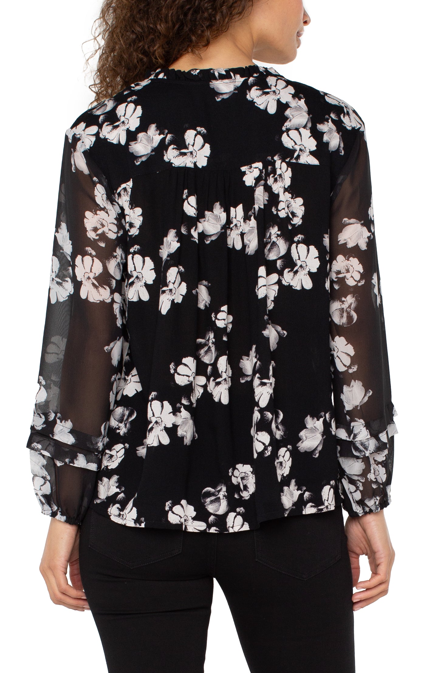 Liverpool Long Sleeve Popover Shirred Woven Blouse (Black White Floral)