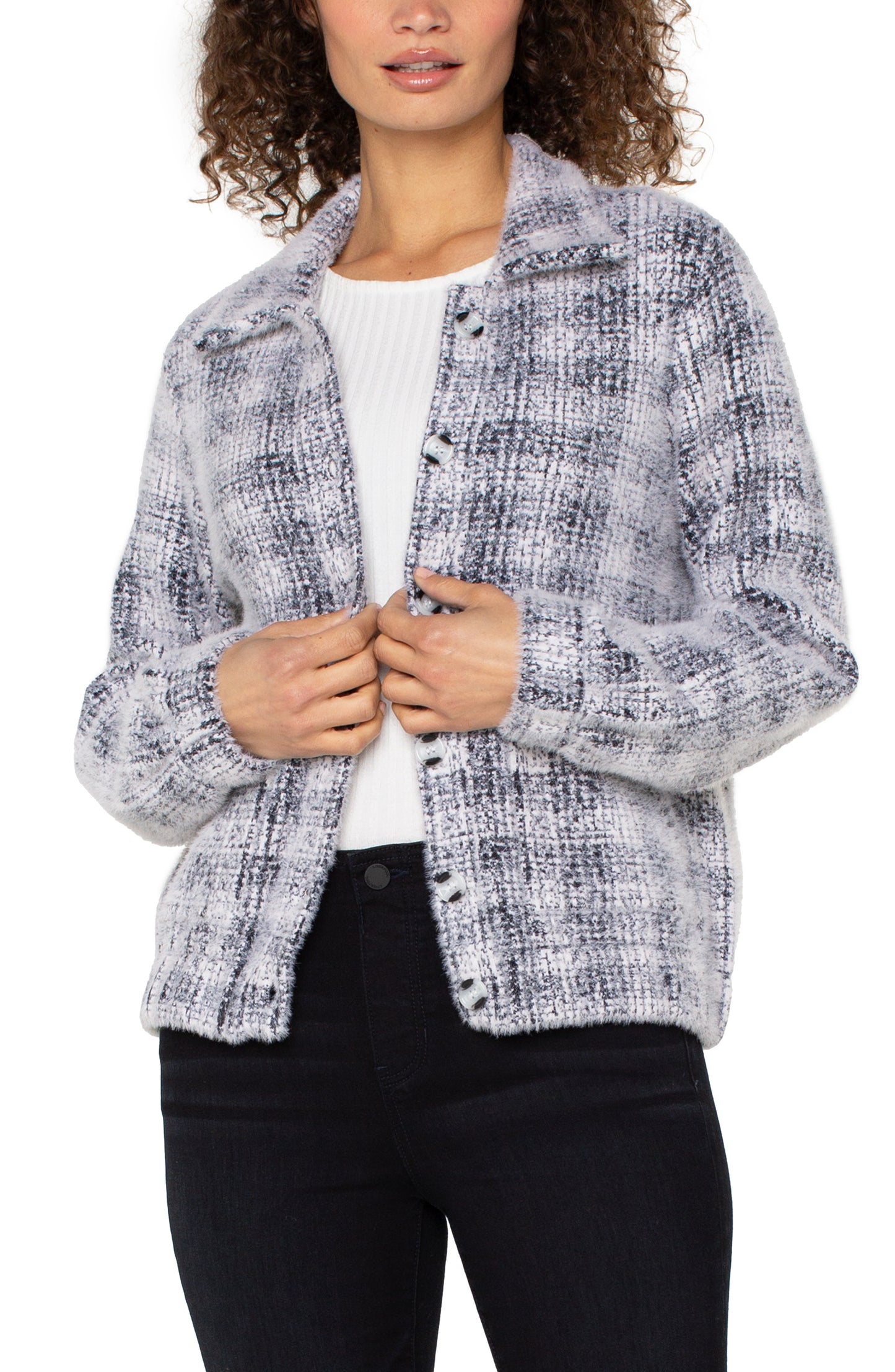 Liverpool Long Sleeve Collared Bomber Sweater Jacket (Grey White Plaid)
