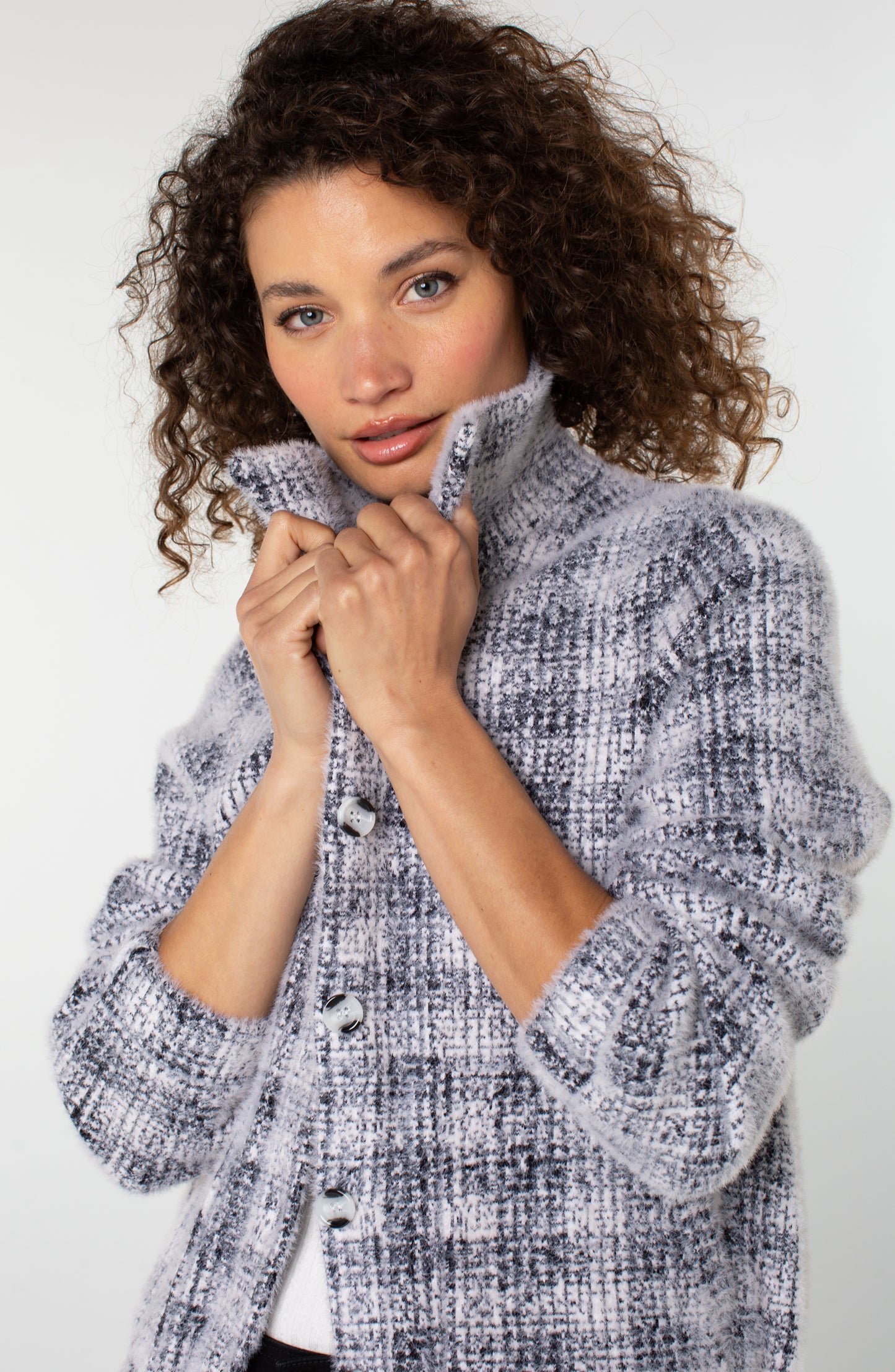 Liverpool Long Sleeve Collared Bomber Sweater Jacket (Grey White Plaid)