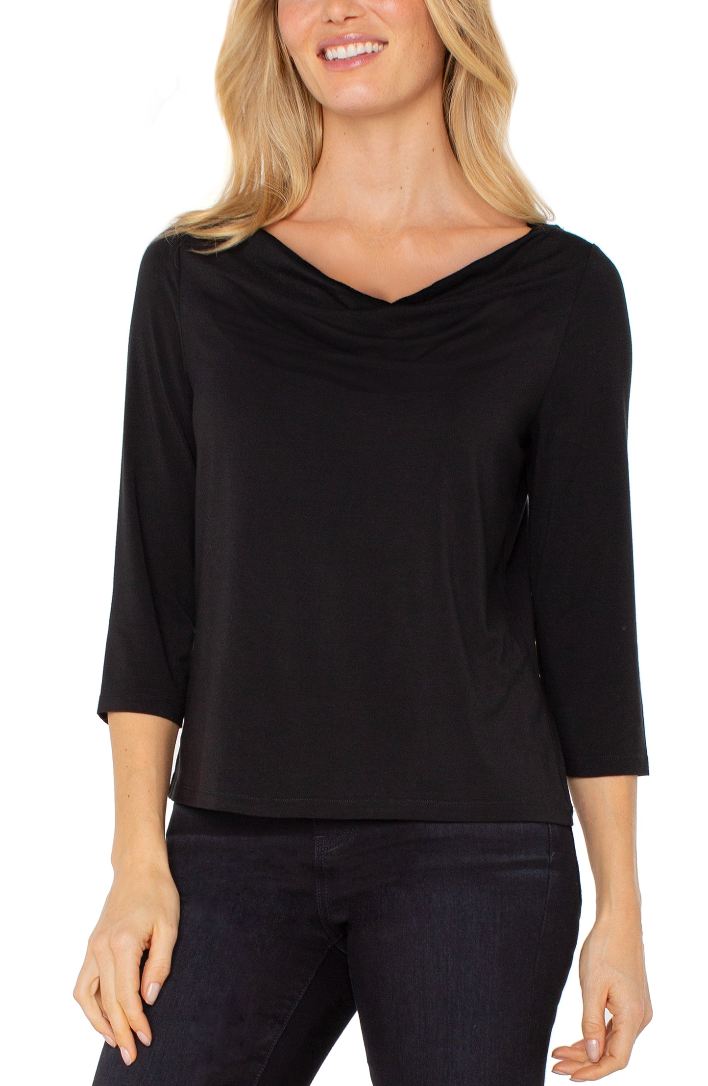 Liverpool 3/4 Sleeve Draped Neck Knit Top (Black)