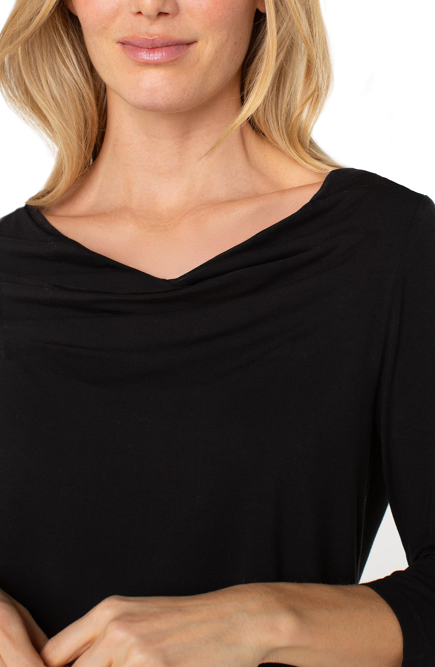 Liverpool 3/4 Sleeve Draped Neck Knit Top (Black)