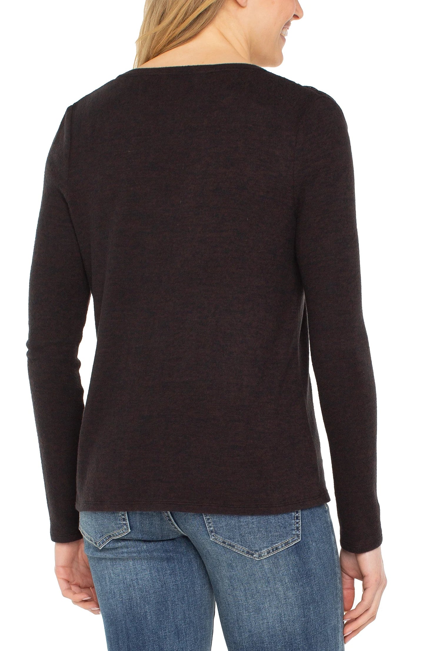 Liverpool Long Sleeve V-neck Knit Top with Shirring (Java Melange)
