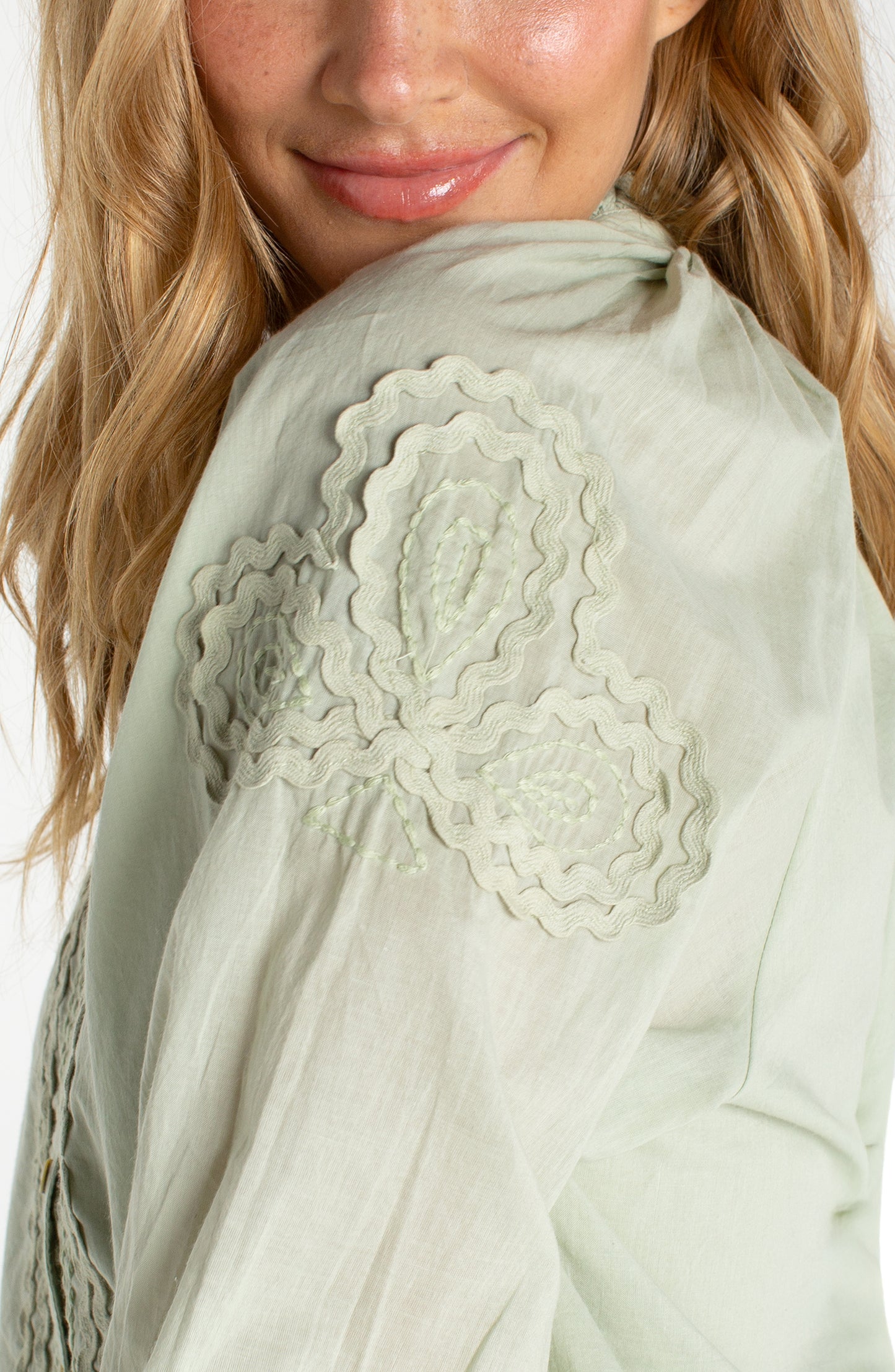 Liverpool 3/4 Sleeve Button Front Woven Top W/ Embroidery