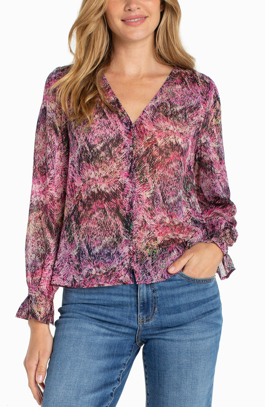 Liverpool Long Sleeve Button Front Woven Top W/ Smocking