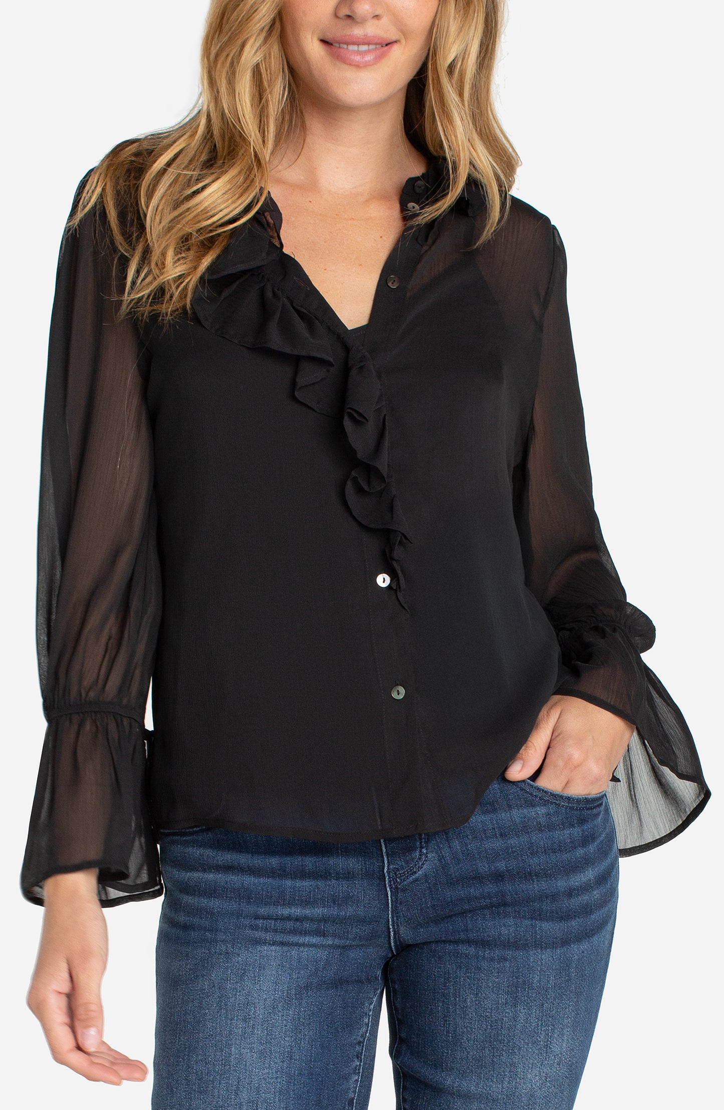 Liverpool Long Sleeve Ruffle Front Woven Shirt (Black)