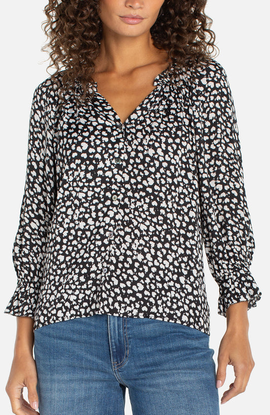 Liverpool 3/4 Sleeve Button Front Woven Top W/ Ruffle Details