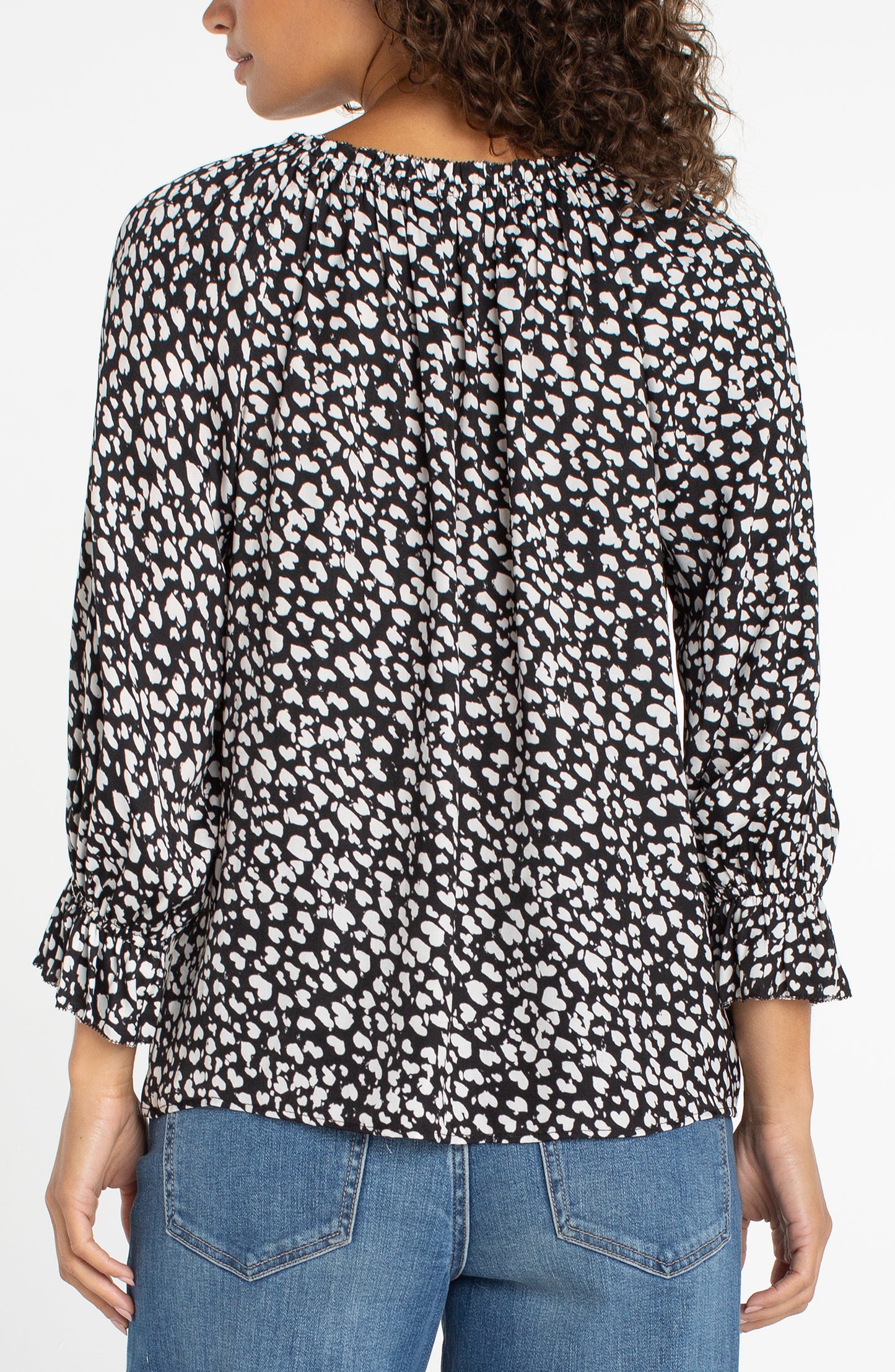 Liverpool 3/4 Sleeve Button Front Woven Top W/ Ruffle Details