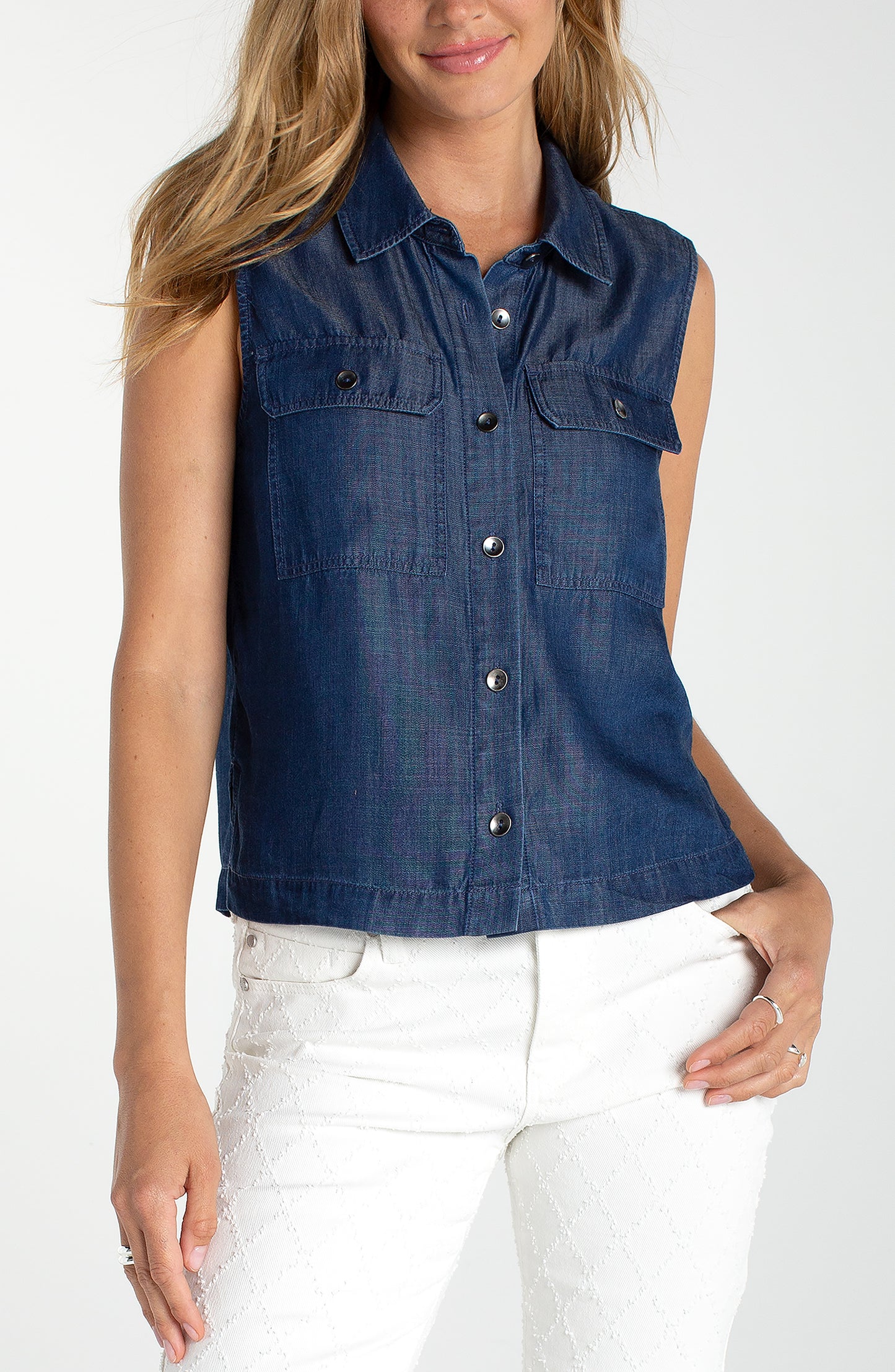 Liverpool Sleeveless Button Top With Pockets