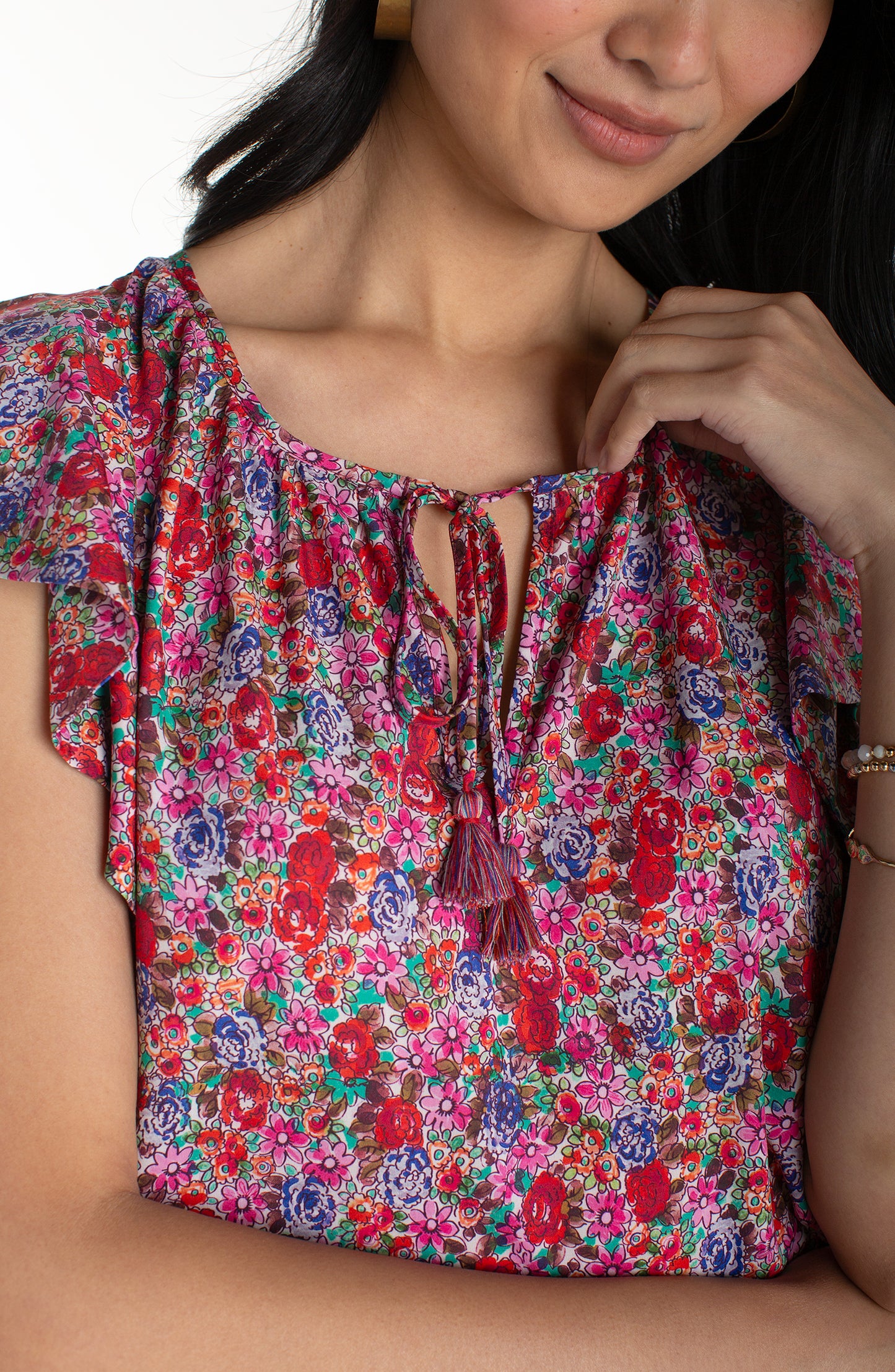 Liverpool Flutter Sleeve Peplum Woven Top W/ Ties