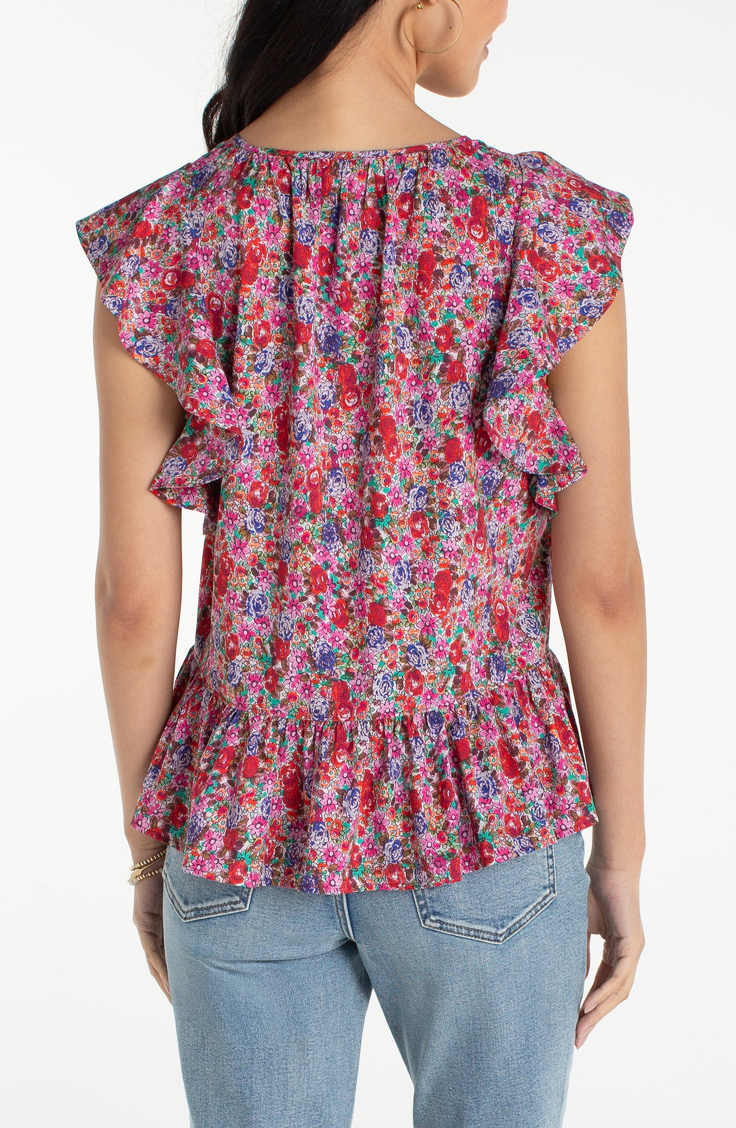 Liverpool Flutter Sleeve Peplum Woven Top W/ Ties