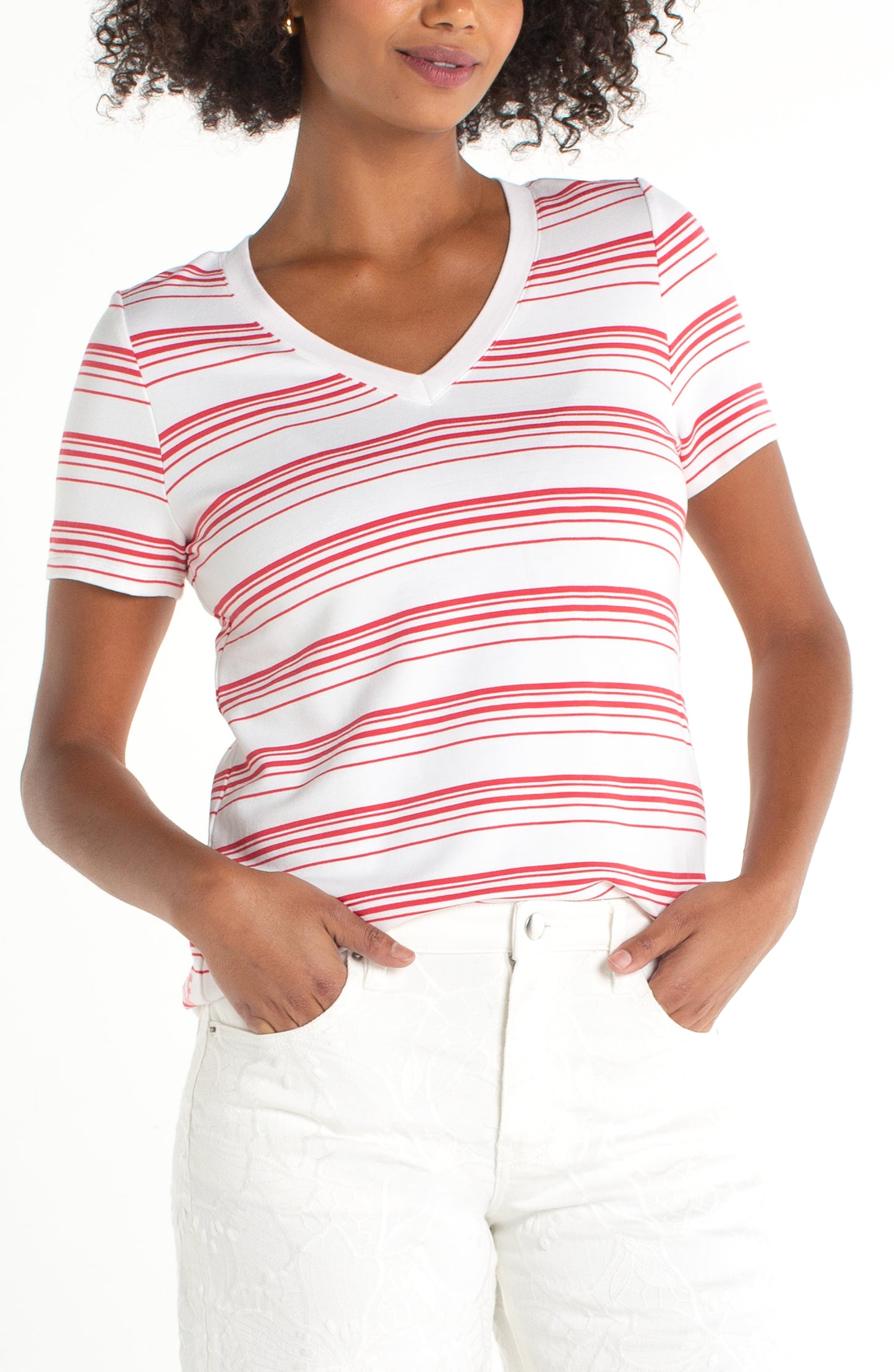 Liverpool Short Sleeve V-Neck Knit Tee (White/Cherry Rose Stripe)