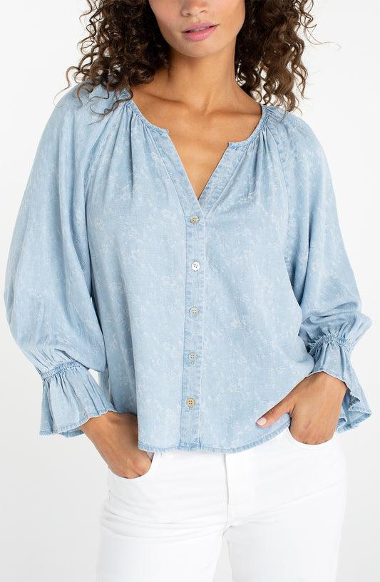 Liverpool 3/4 Sleeve Button Front Shirred Woven Top
