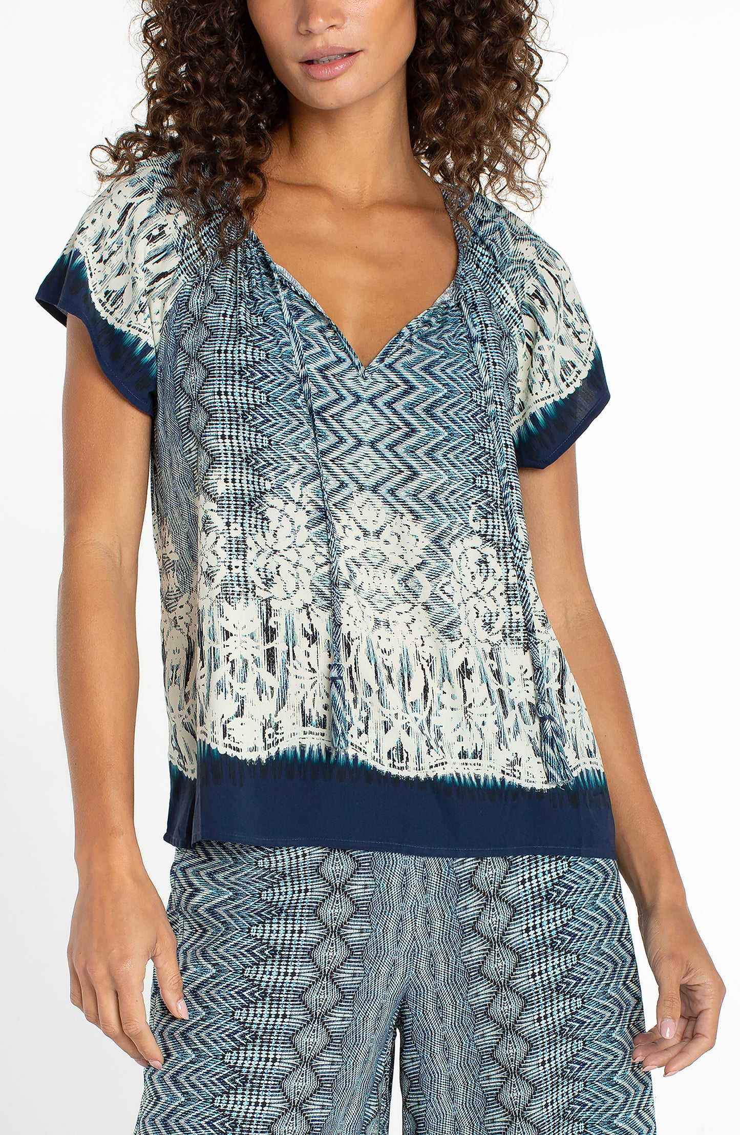 Liverpool Short Sleeve Woven Top W/ Tie Front Detail