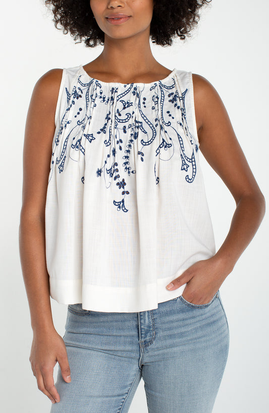 Liverpool Sleeveless Boatneck Woven Top W/ Pintucks