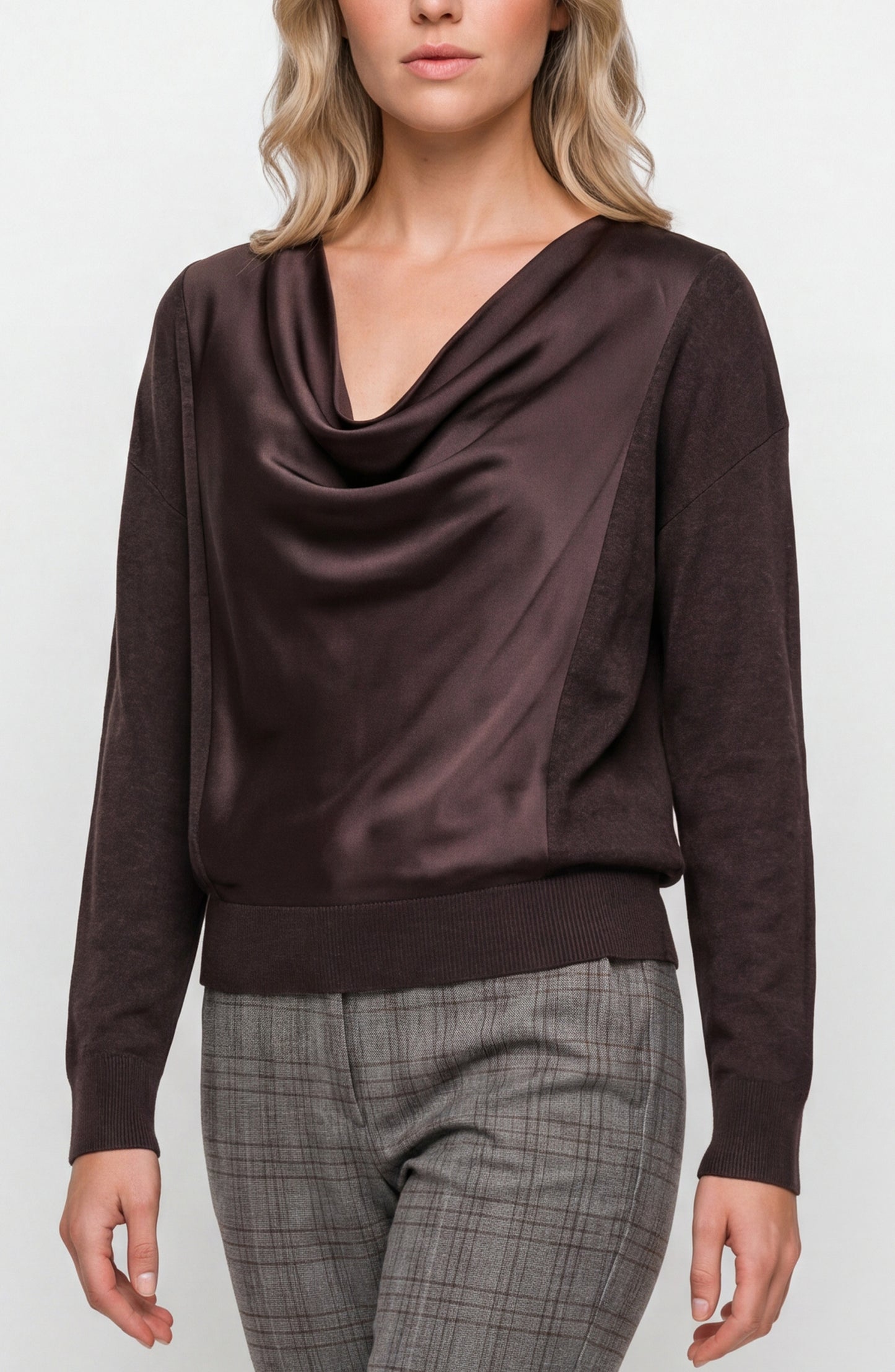 Liverpool Long Sleeve Drape Neck Woven Sweater Hybrid
