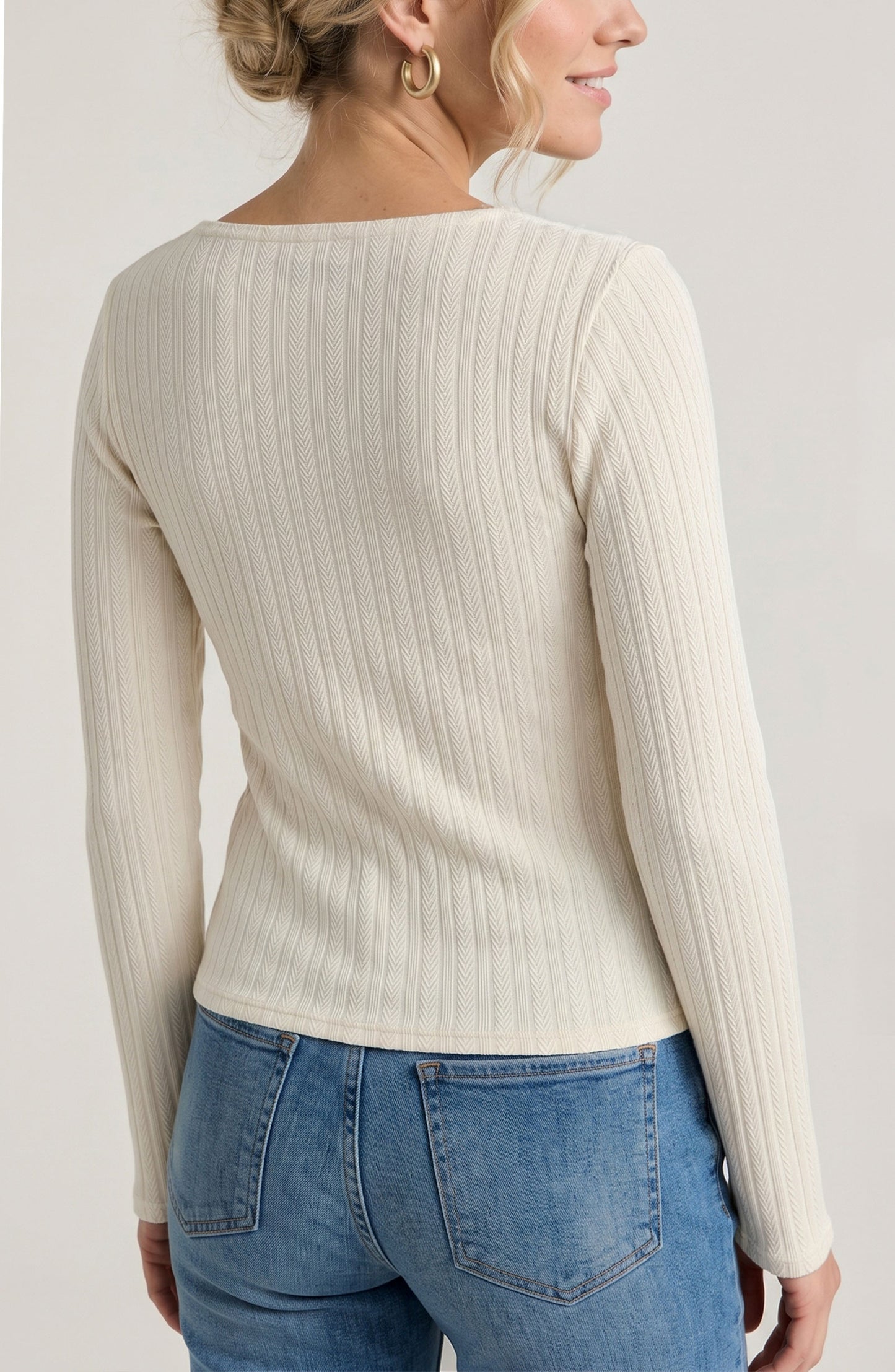 Liverpool Long Sleeve Boatneck Knit Top W/ Asymmetrical Button Placket
