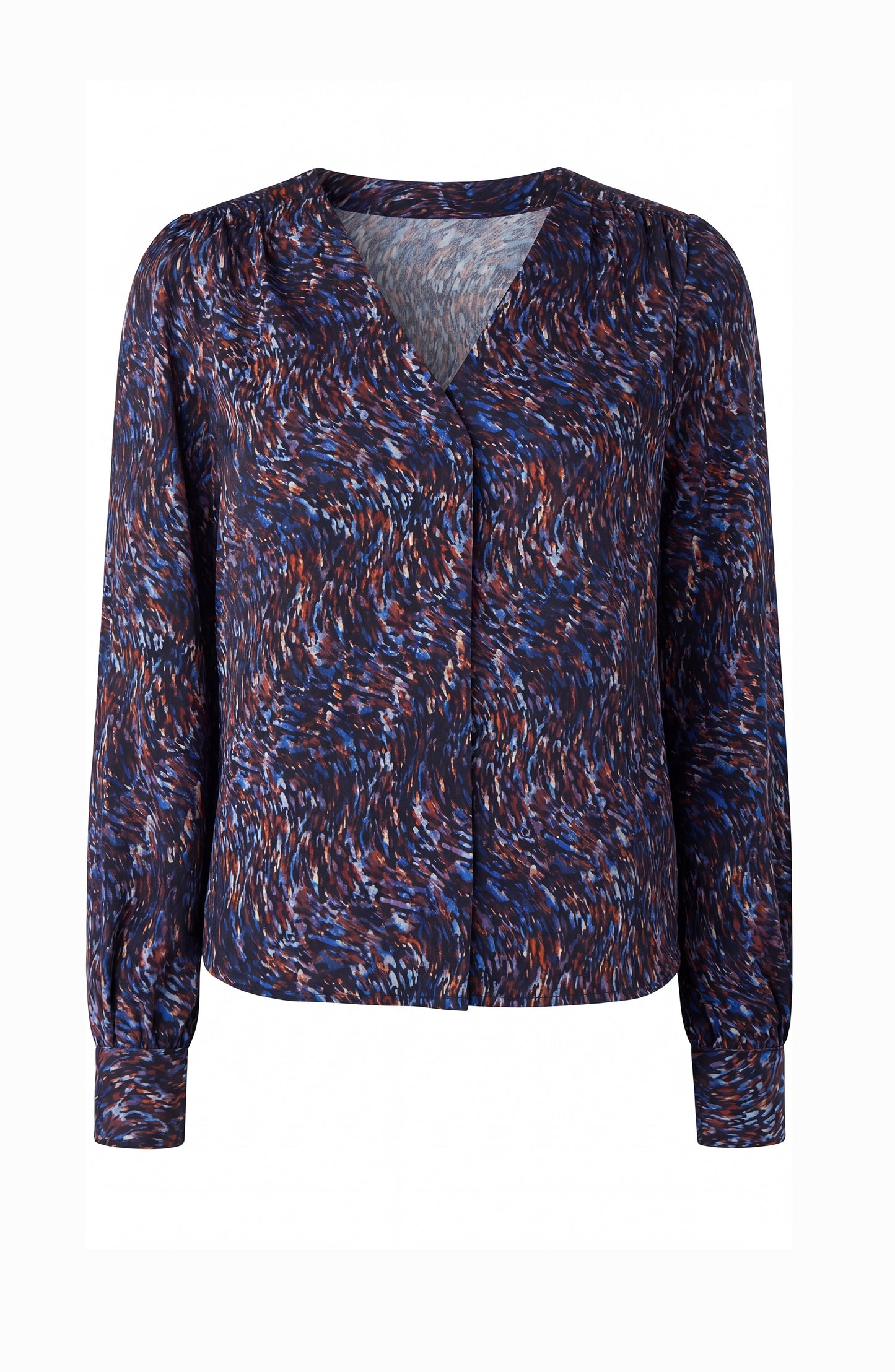 A women's long-sleeve blouse with a V-neckline, featuring an abstract, textured multicolor pattern in navy, blue, red, and white, displayed on a clean white background.