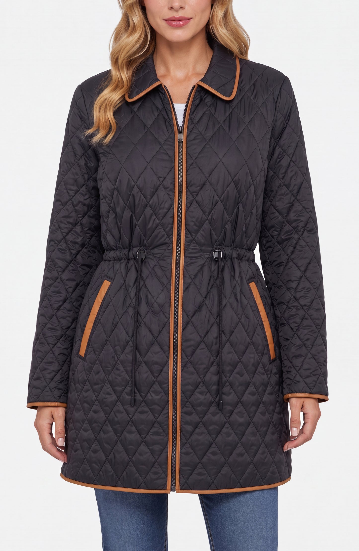 Liverpool Zip Front Quilted Coat W/ Cinched Waist