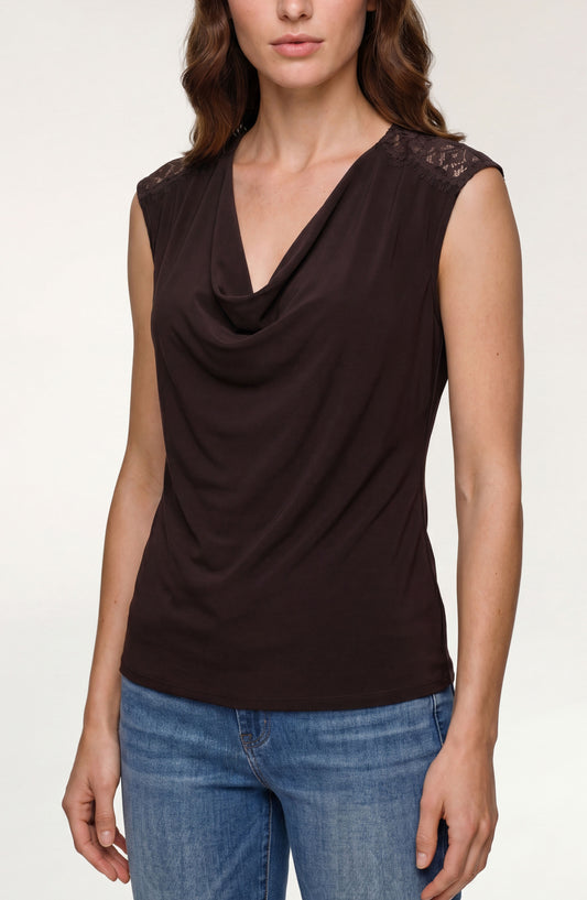 Liverpool Draped Neck Sleeveless Knit Top W/ Lace