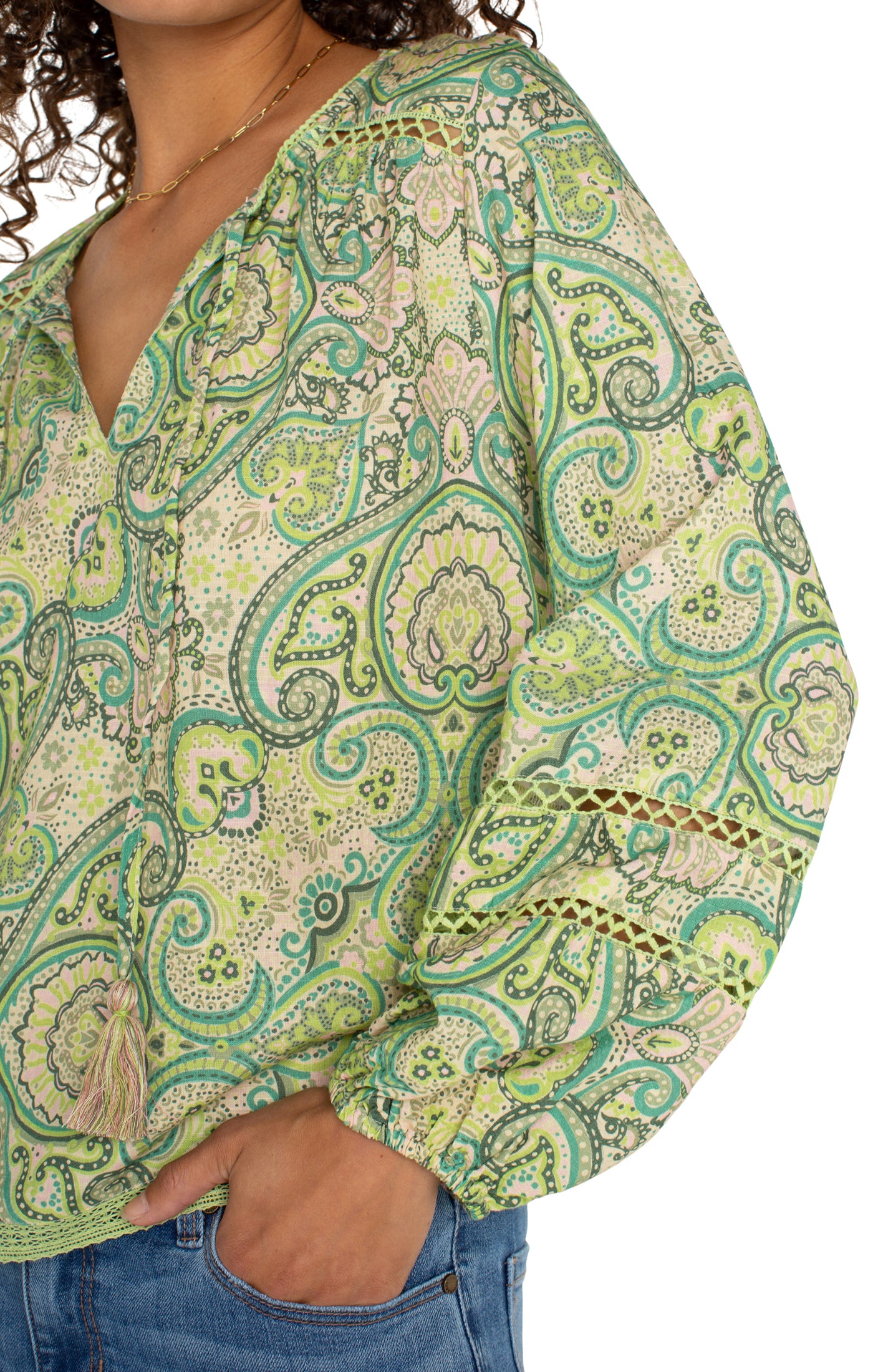 Liverpool Long Sleeve Shirred Woven Tie Front Top with Trim (Green Pink Paisley)