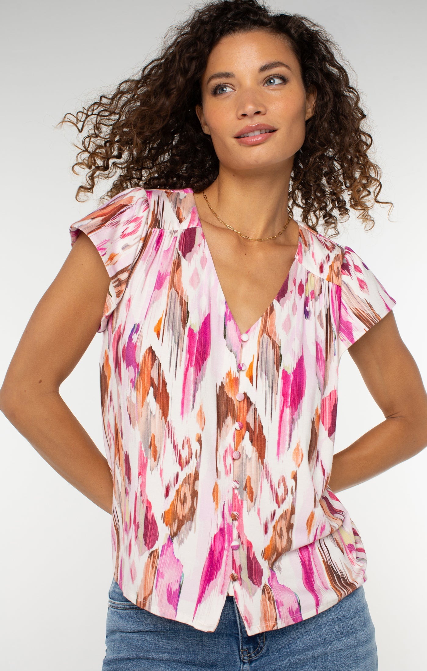 Liverpool Flutter Sleeve Button Front Knit Top (Pink Painted Ikat)