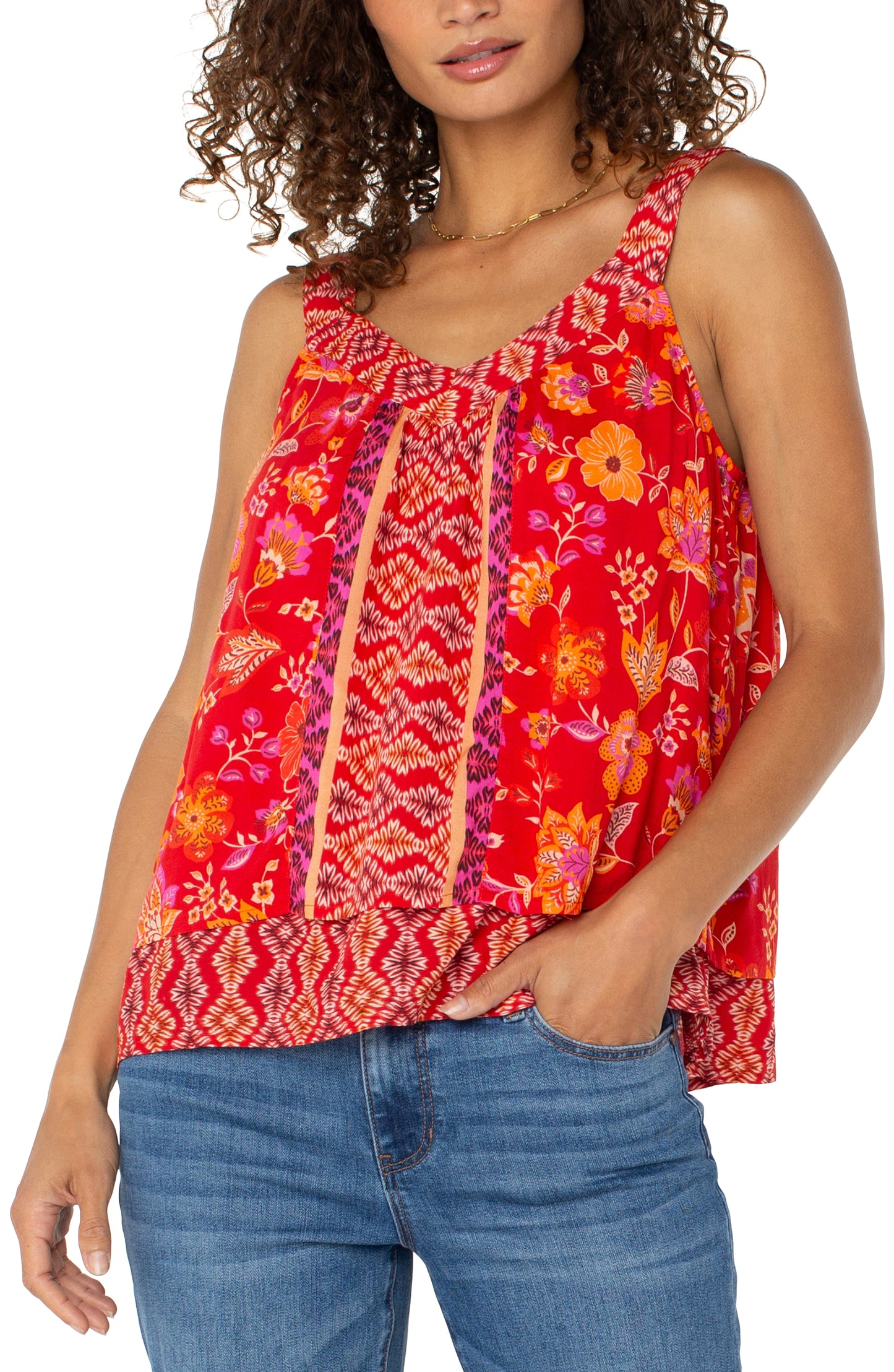 Liverpool Sleeveless V Neck Woven Tank with Smocking (Red Orange Floral)