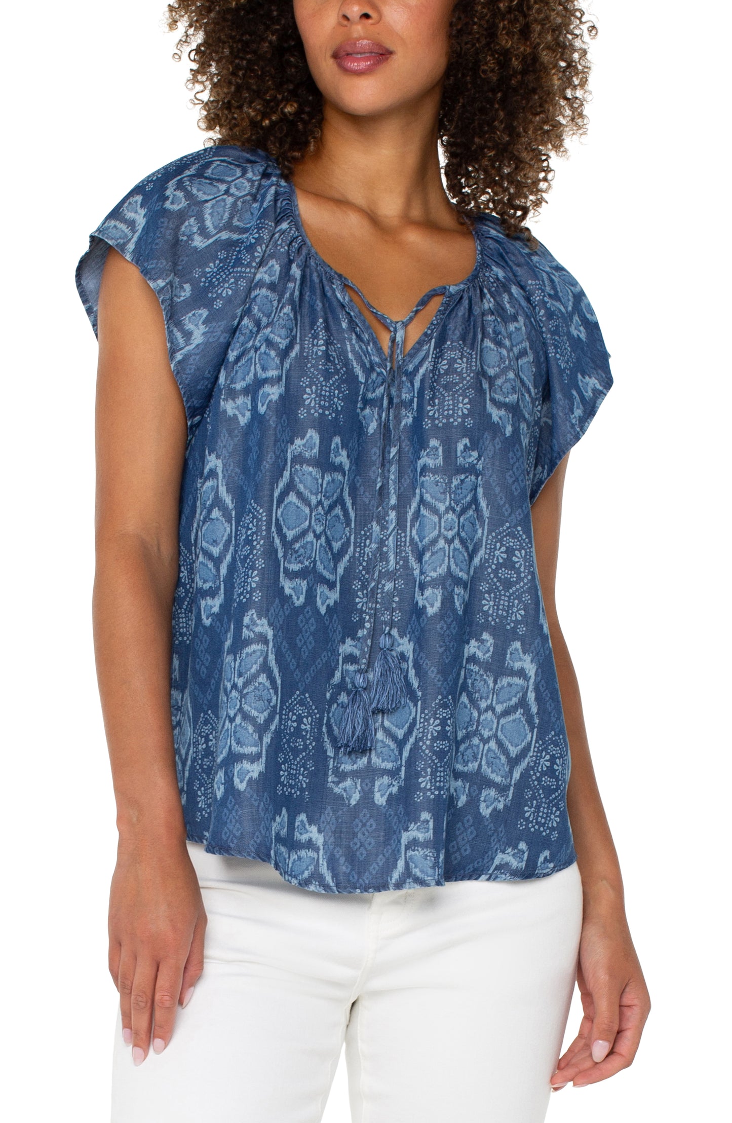 Liverpool Flutter Sleeve Woven Top w/ Front Tie Detail (Tribal Allover)