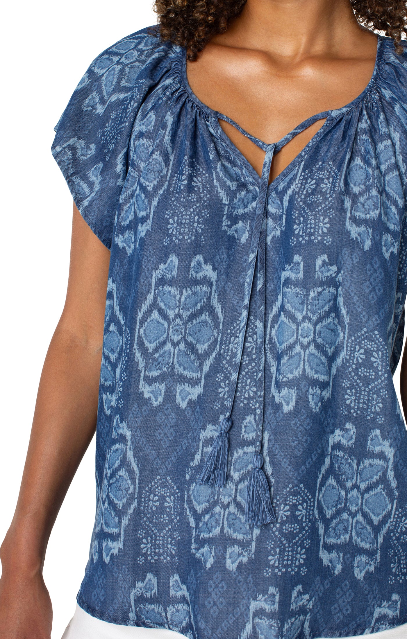 Liverpool Flutter Sleeve Woven Top w/ Front Tie Detail (Tribal Allover)