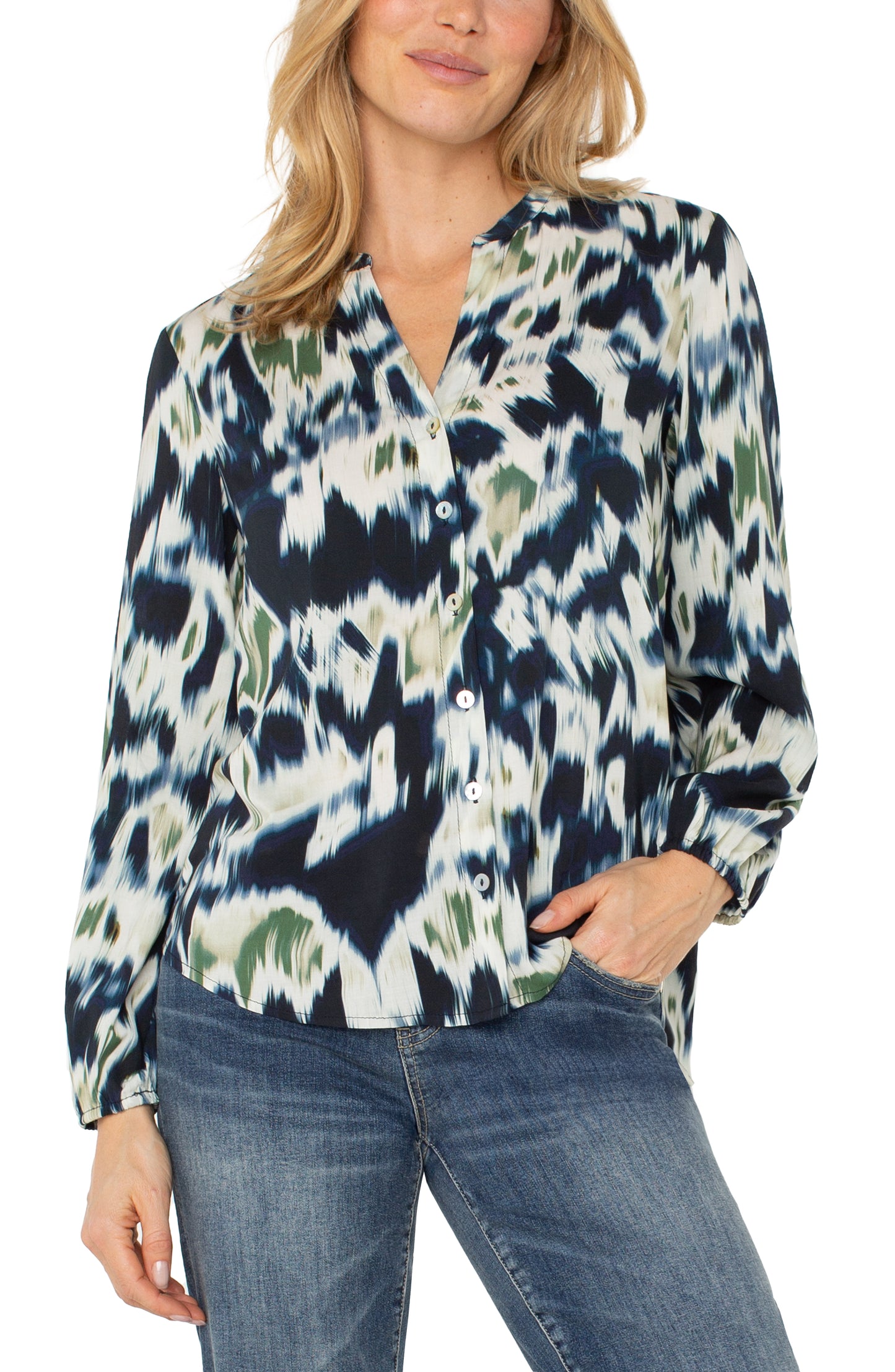Liverpool Long Sleeve Button Front Shirred Woven Blouse (Navy Multi Ikat)
