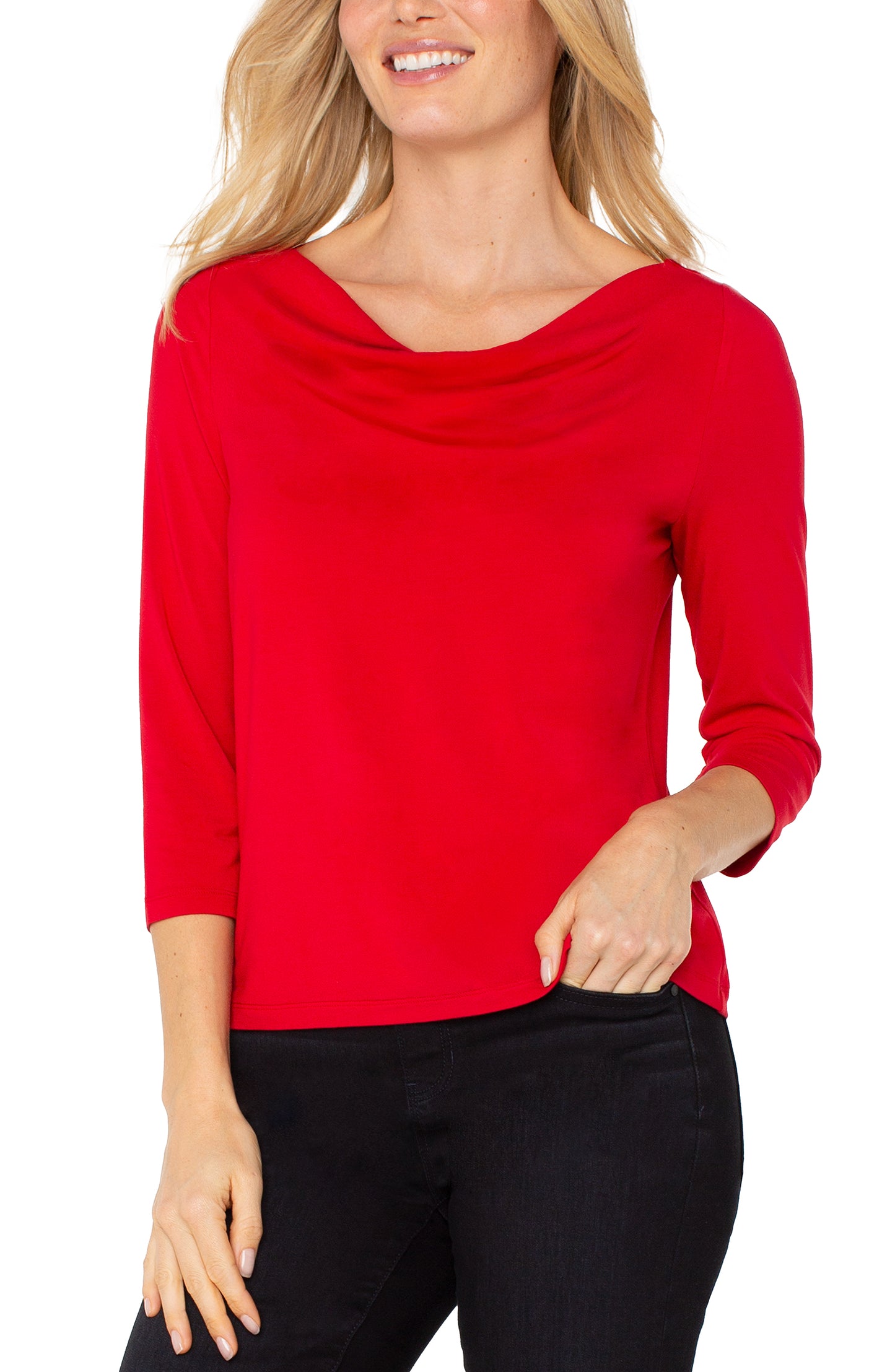 Liverpool 3/4 Sleeve Draped Neck Knit Top (Tango Red)
