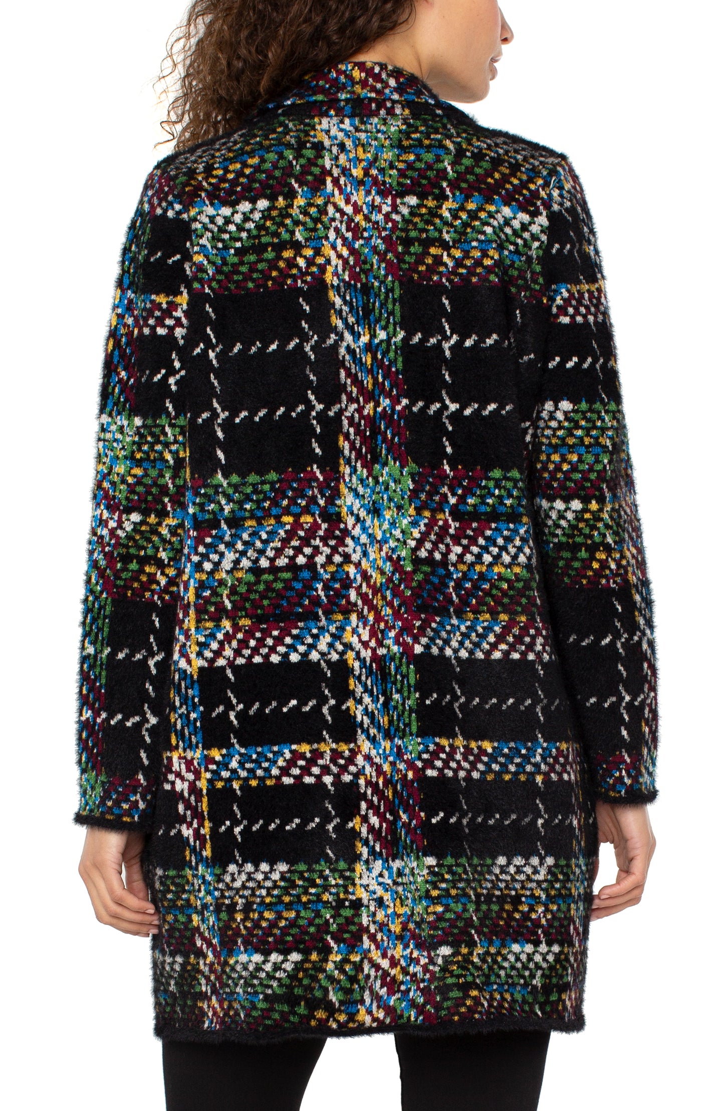 Liverpool Long Sleeve Collarless Open Front Sweater Coat (Black Multi Plaid)