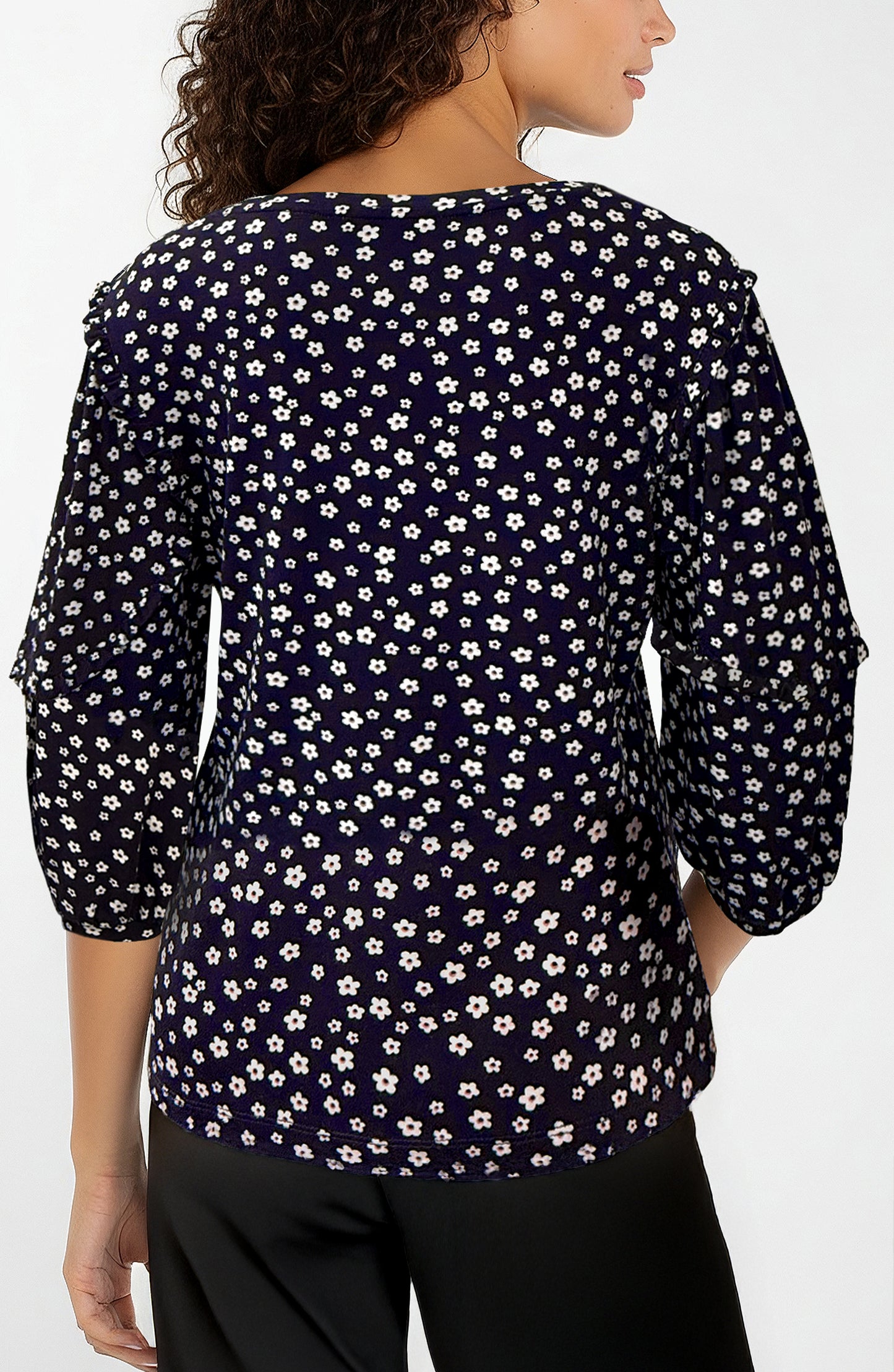 Liverpool Mid Length Ruffle Sleeve Scoop Neck Knit Top (Navy White Ditsy)