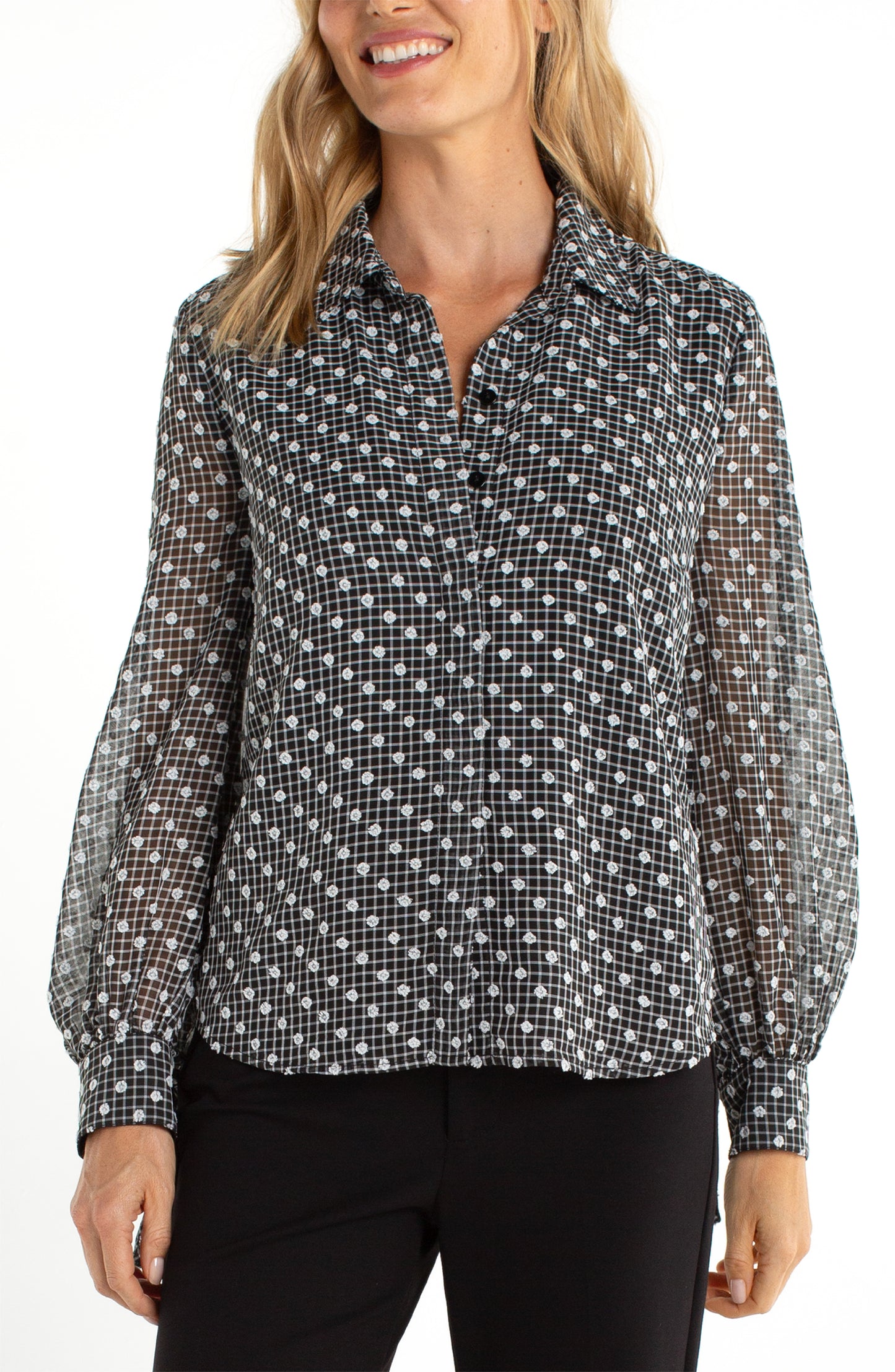 Liverpool Long Sleeve Collared Woven Blouse w/ Sleeve Tie Detail (Black and White Plaid)