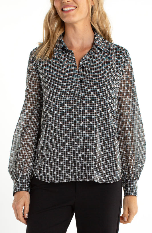 Liverpool Long Sleeve Collared Woven Blouse w/ Sleeve Tie Detail (Black and White Plaid)