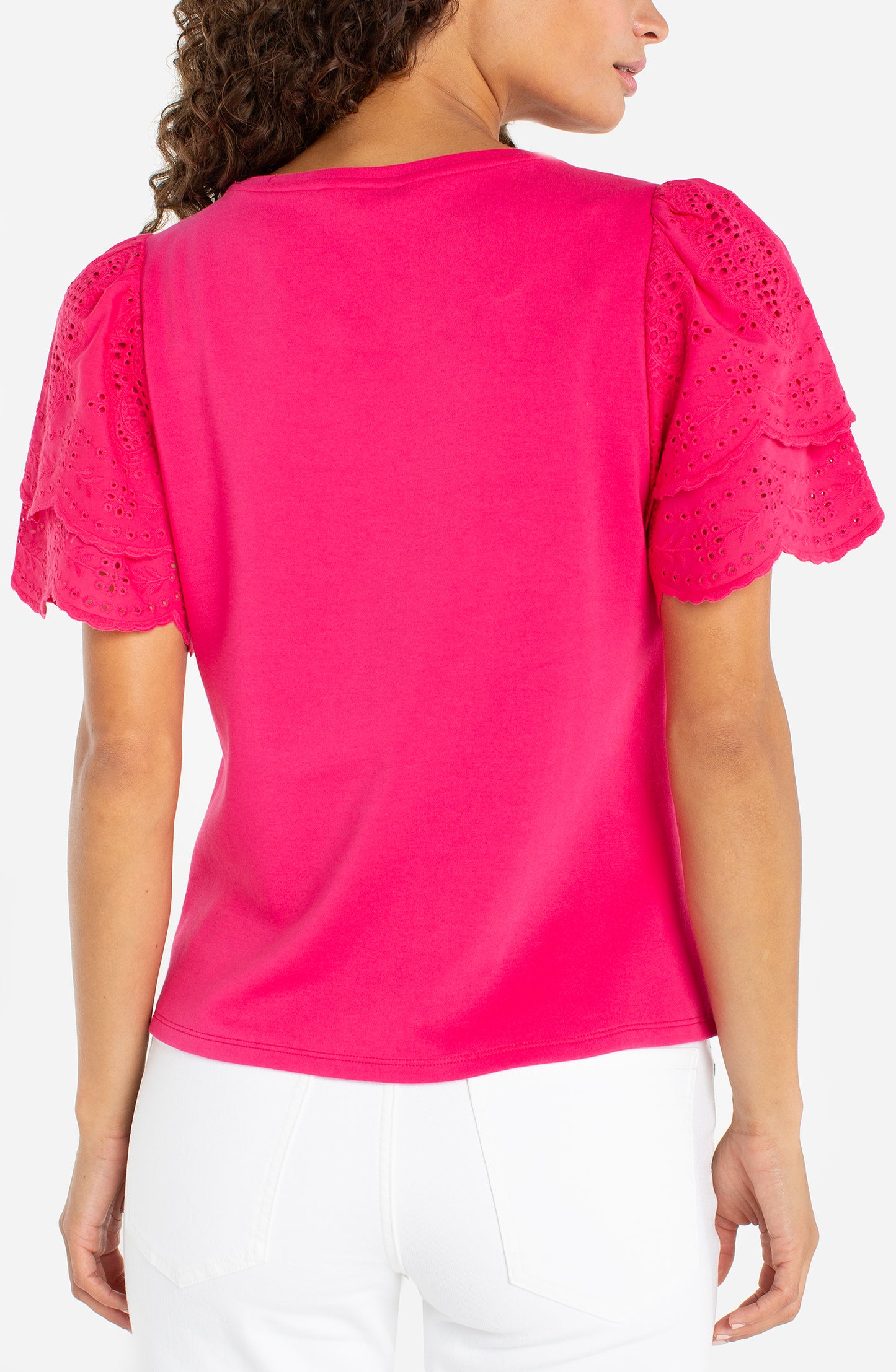 Liverpool Short Sleeve Knit-to-Woven Top w/ Embroidery (Diva Pink)