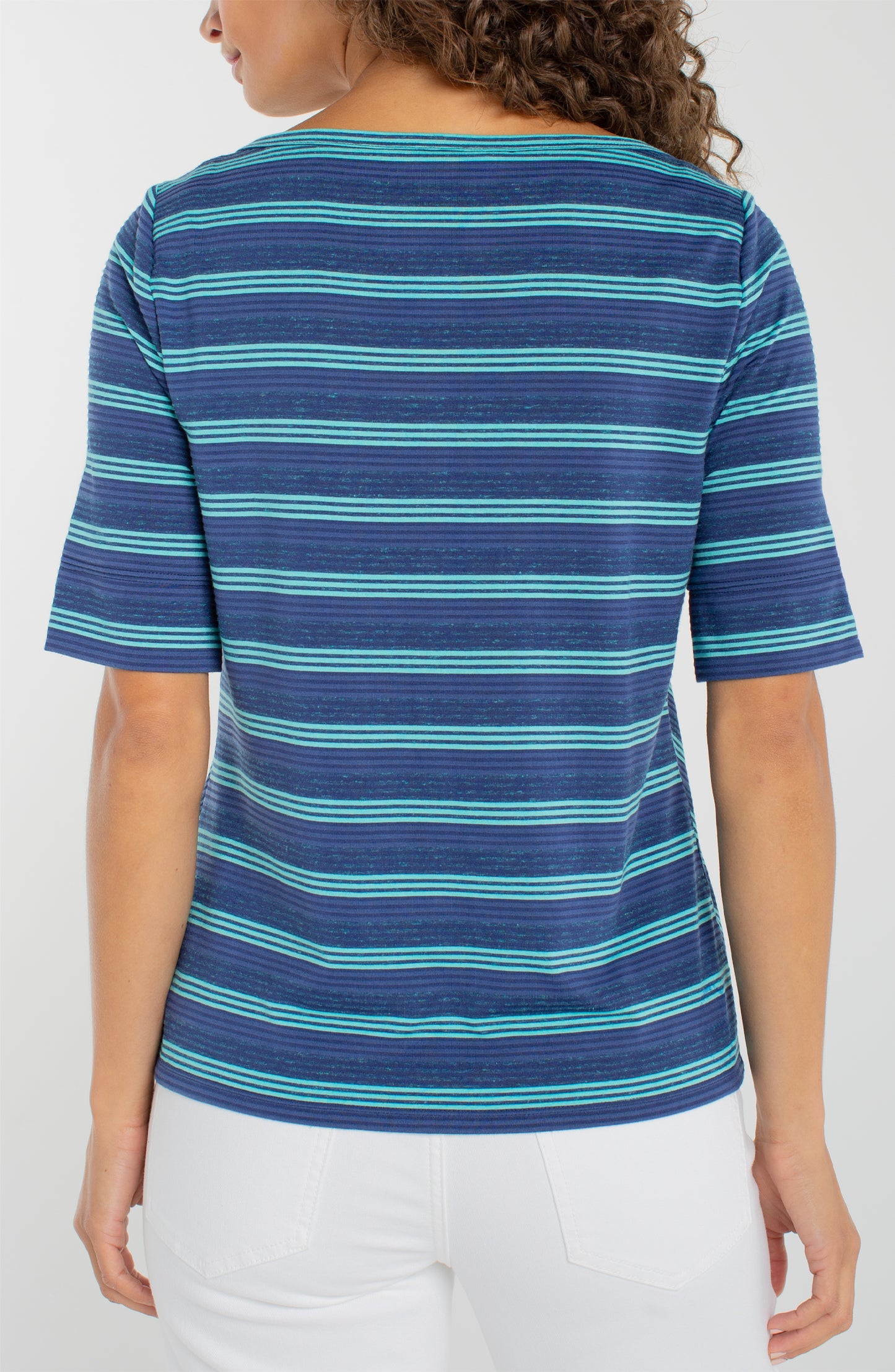 Liverpool 1/2 Sleeve Fold Over Boat Neck Knit Top (Navy Teal Stripe)
