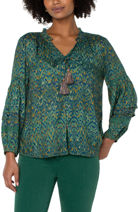 Liverpool Long Sleeve Popover Shirred Blouse (Emerald Ikat)